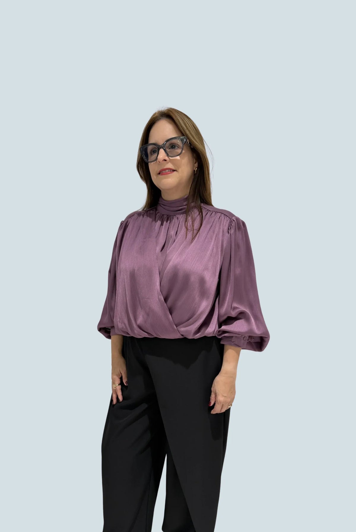 eBoutike Top Satin High-neck Draped Wrap Blouse
