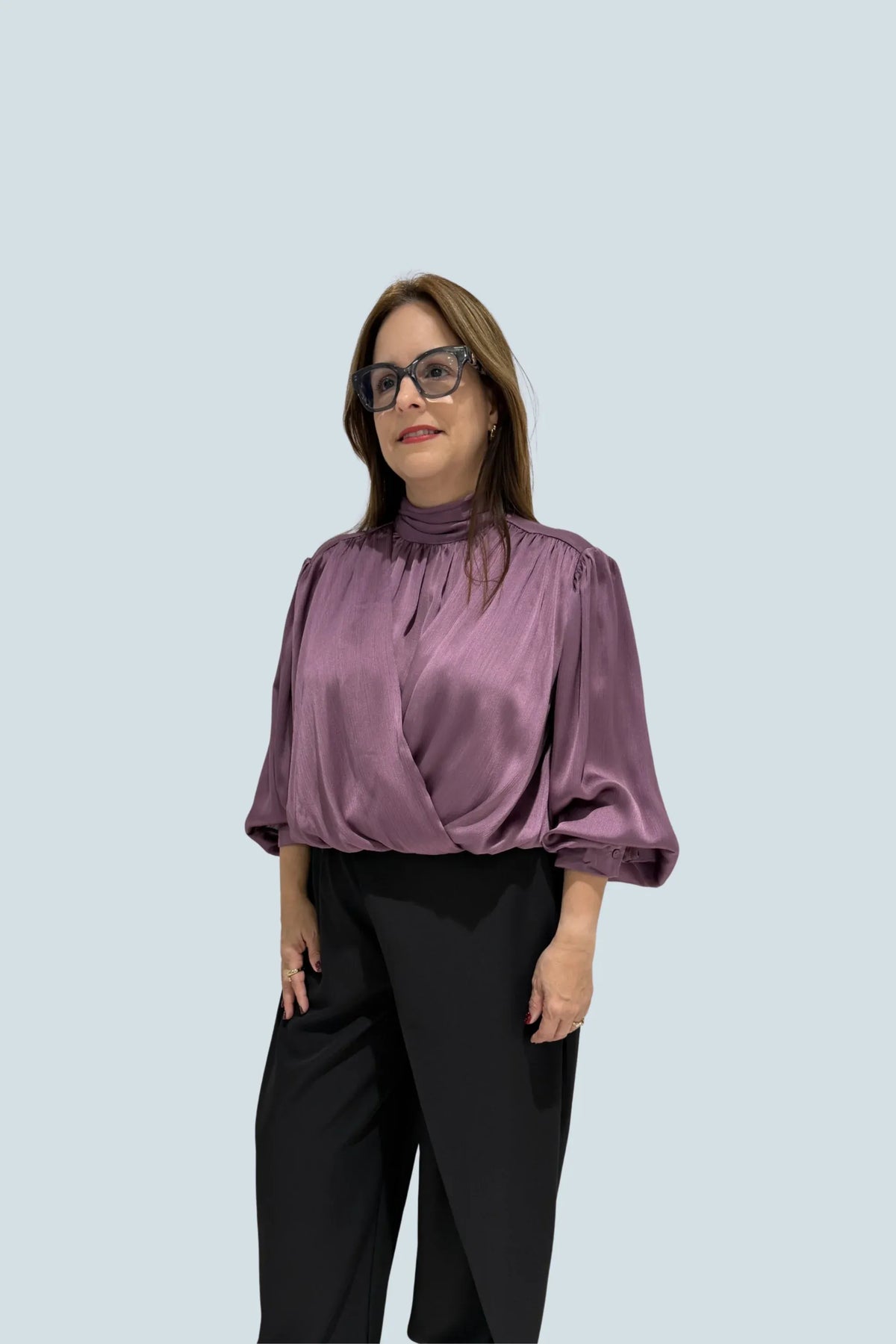 eBoutike Top Satin High-neck Draped Wrap Blouse