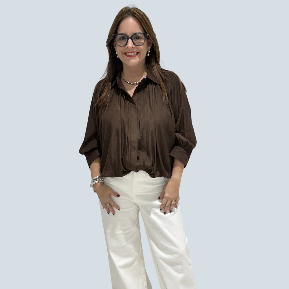 eBoutike Top Puff Sleeve Bubble Hem Shirt Button Down Shirt