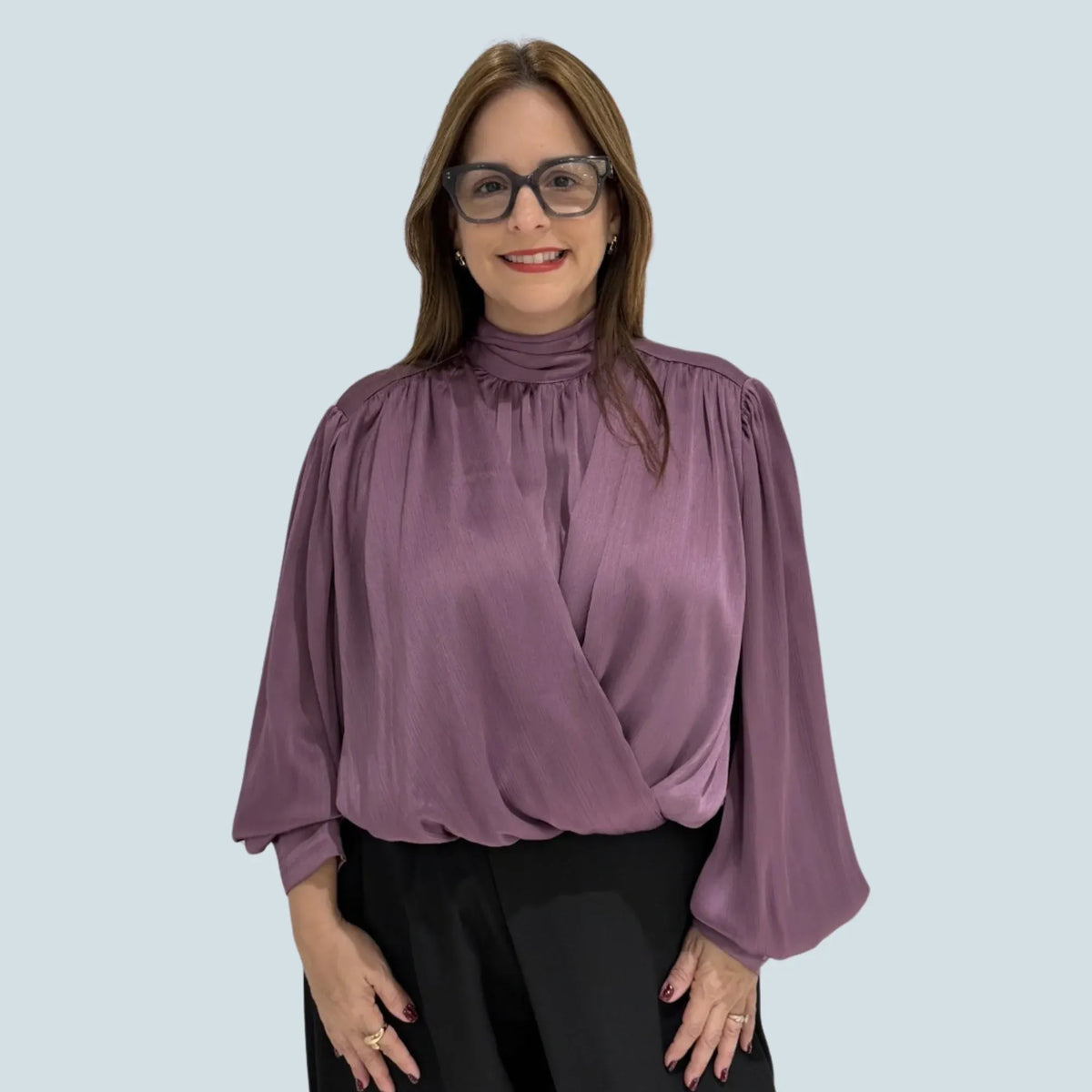 eBoutike Top Satin High-neck Draped Wrap Blouse
