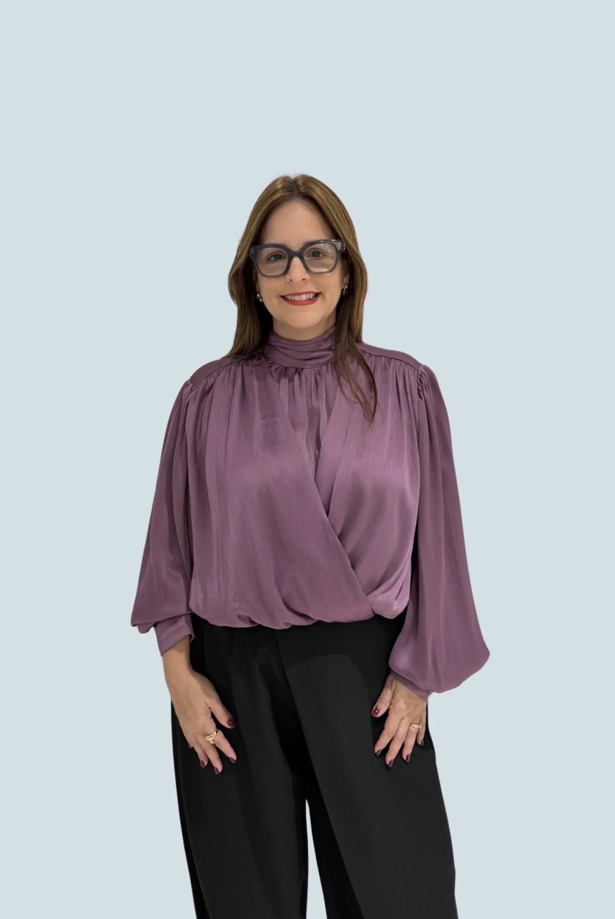 eBoutike Top Satin High-neck Draped Wrap Blouse