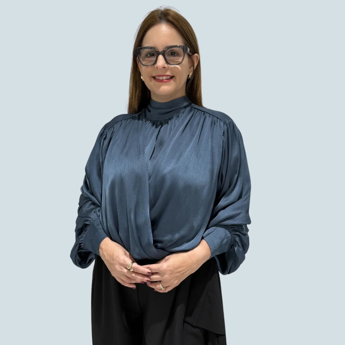 eBoutike Top Satin High-neck Draped Wrap Blouse