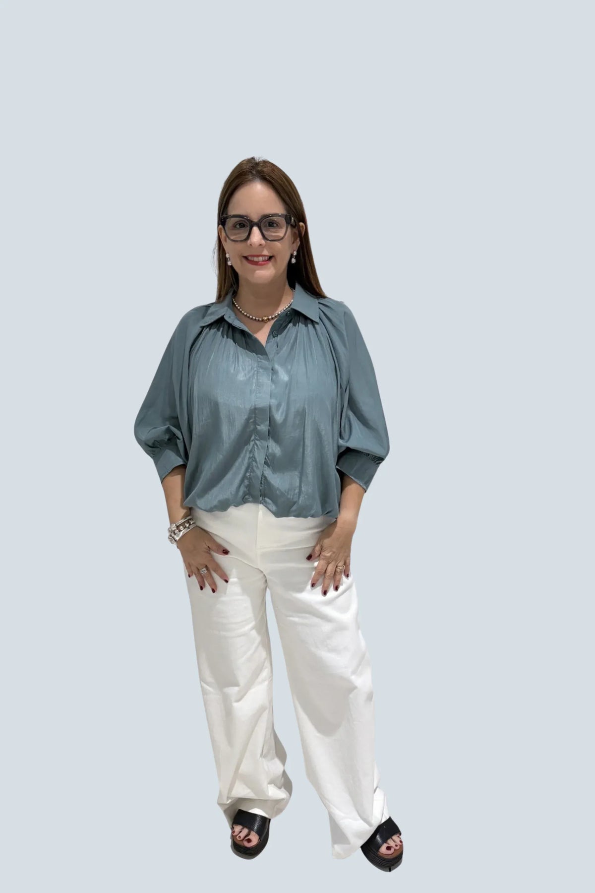eBoutike Top Puff Sleeve Bubble Hem Shirt Button Down Shirt