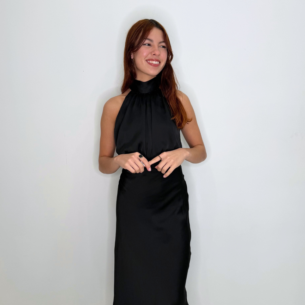 Mock Neck Satin Midi Dress