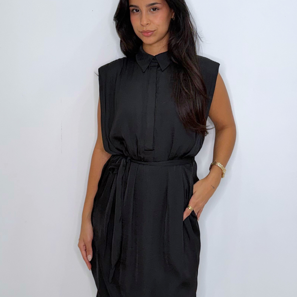 Sleeveless Collared Shirt Dress With Waist Tie