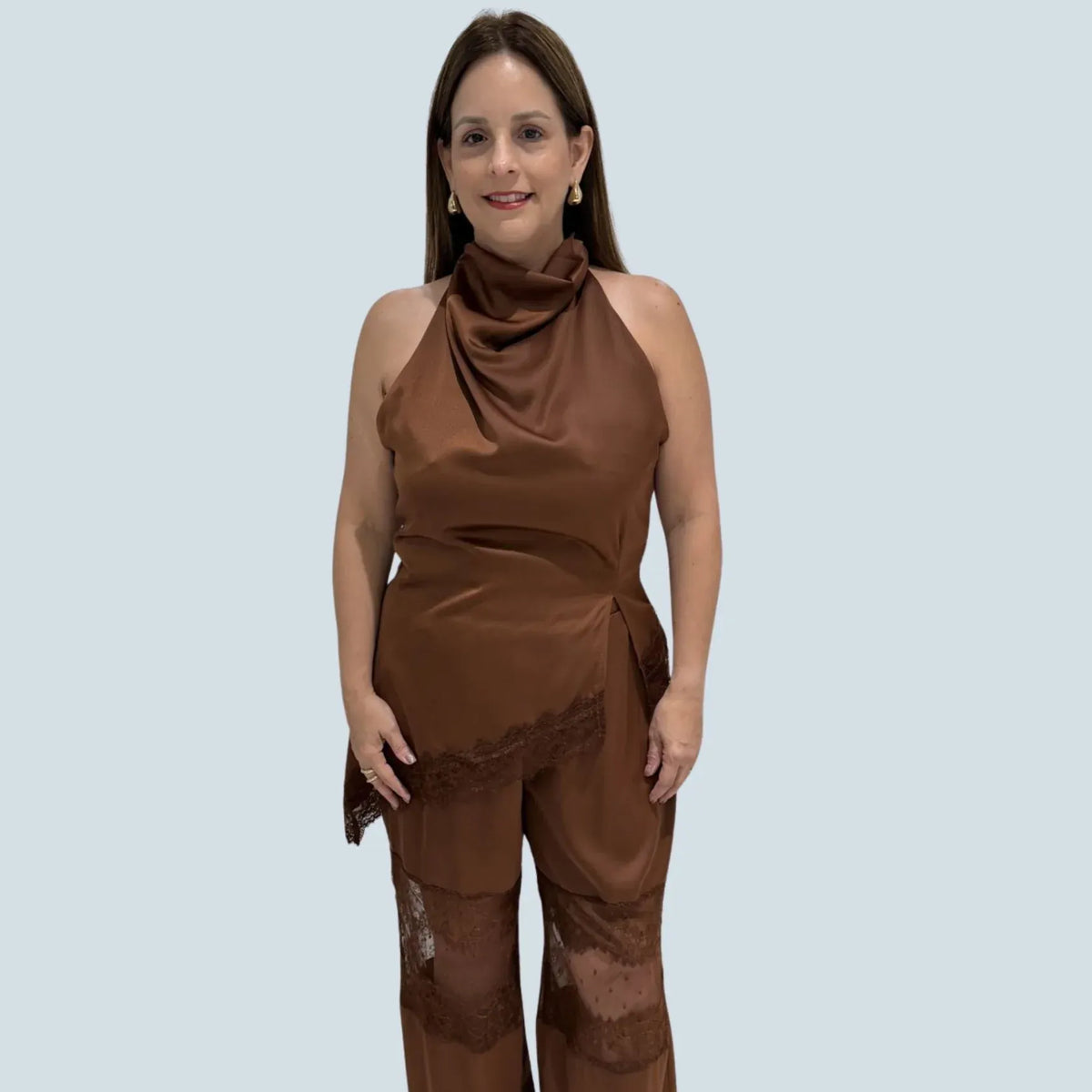 eBoutike Top Cowl Neck Satin Top Brown / S
