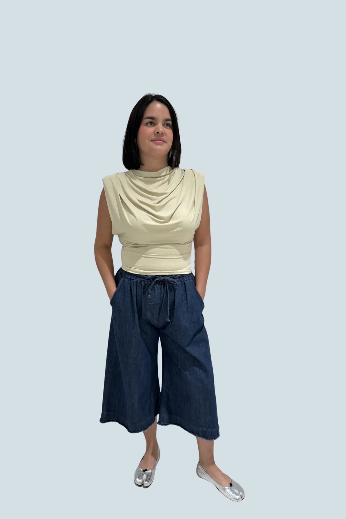 eBoutike Top Draped Cowl-Neck Top Cream / One size