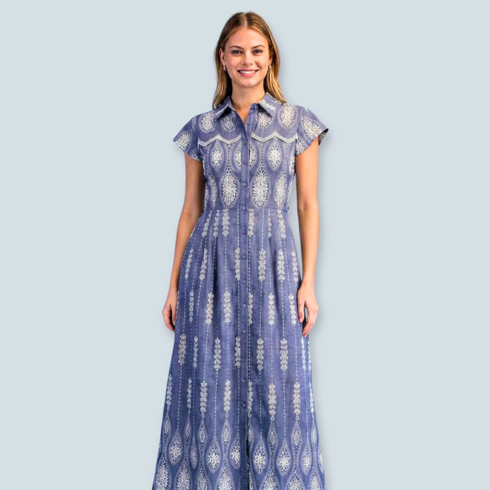 eBoutike Dress Embroidered Zipper Front Maxi Shirt Dress