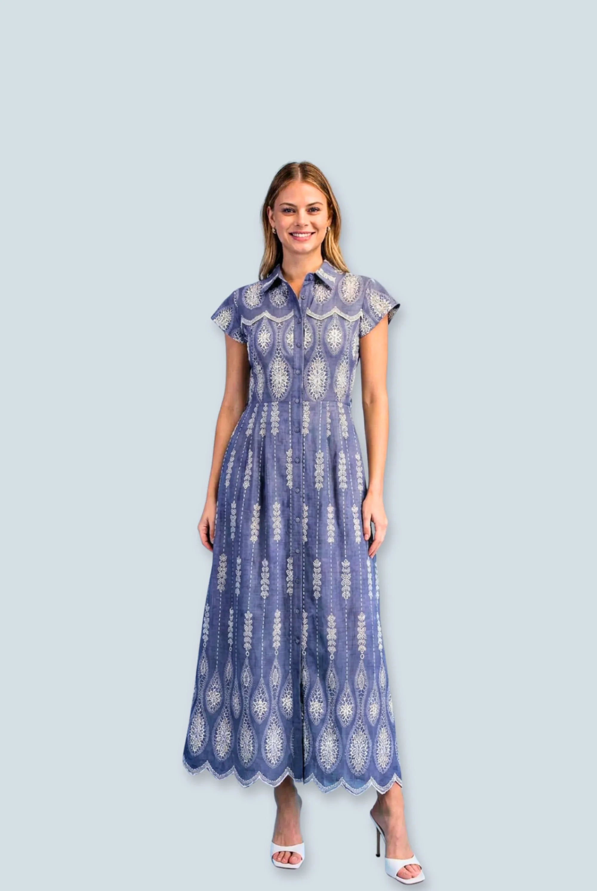 eBoutike Dress Embroidered Zipper Front Maxi Shirt Dress