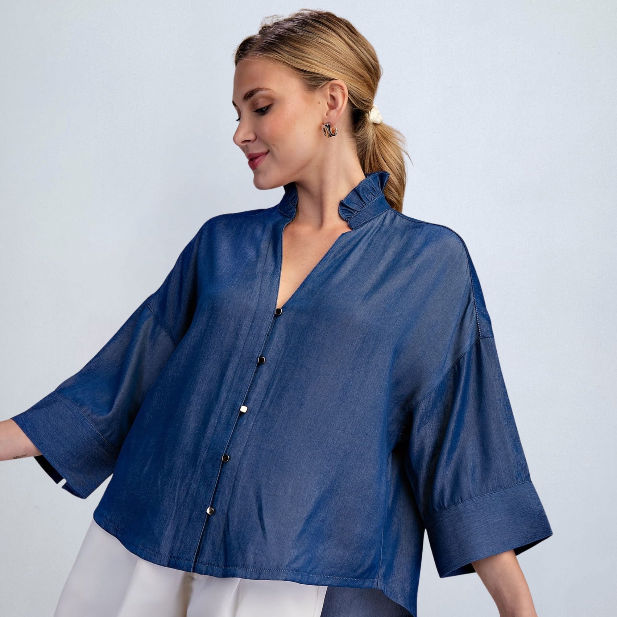eBoutike Top Ruffle V-Neck Wide Short Sleeve Top