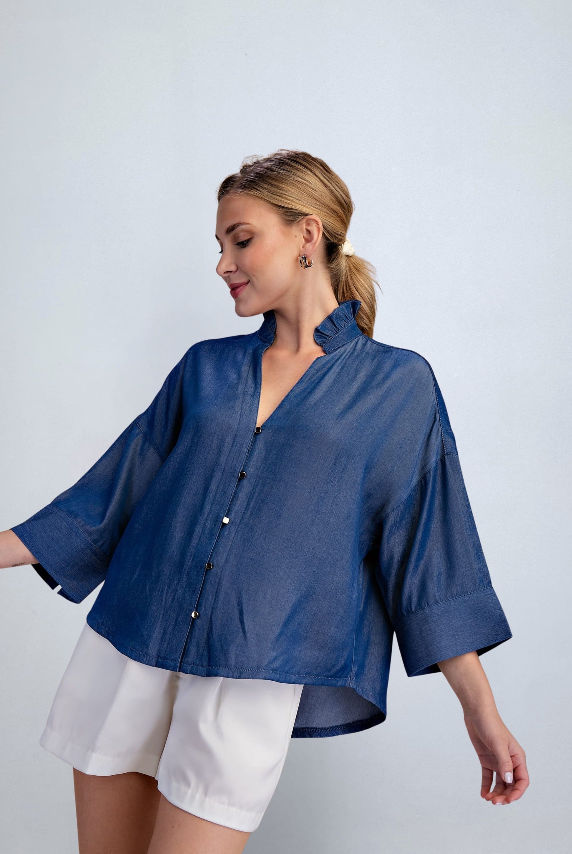 eBoutike Top Ruffle V-Neck Wide Short Sleeve Top