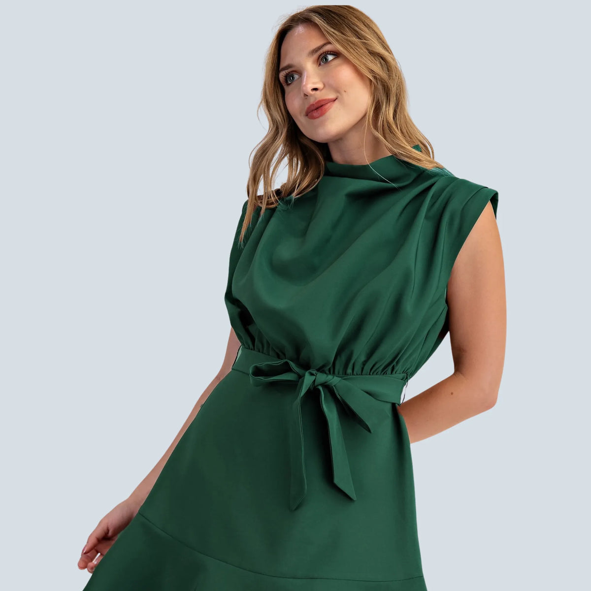 eBoutike Dress Cowl Neck Sleeveless Waist Tie Mini Dress