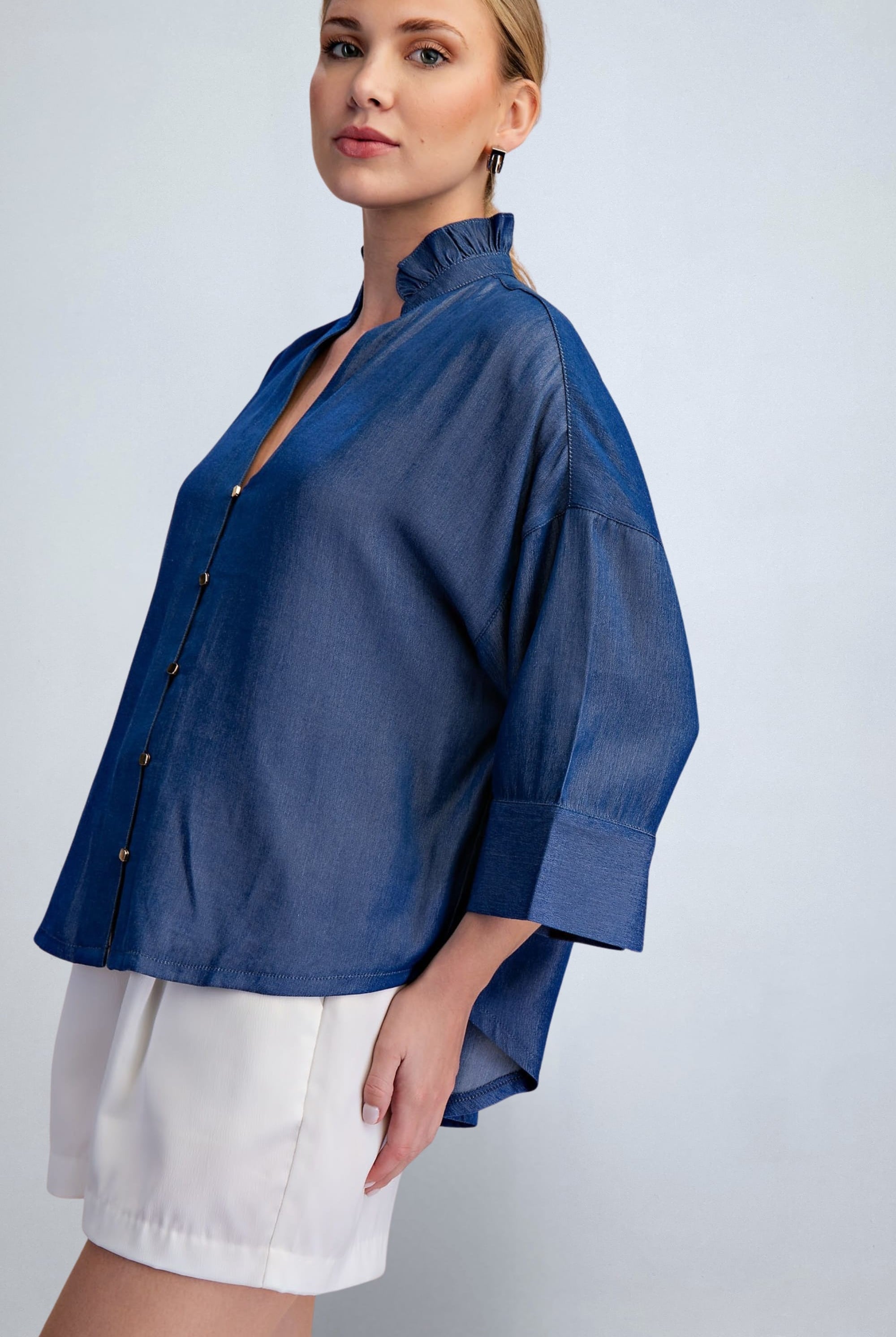 eBoutike Top Ruffle V-Neck Wide Short Sleeve Top
