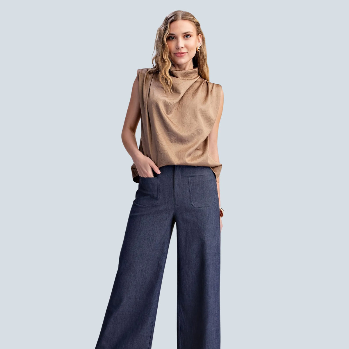eBoutike Bottom Stretchy Jeans High Rise Front Pocket Wide Leg