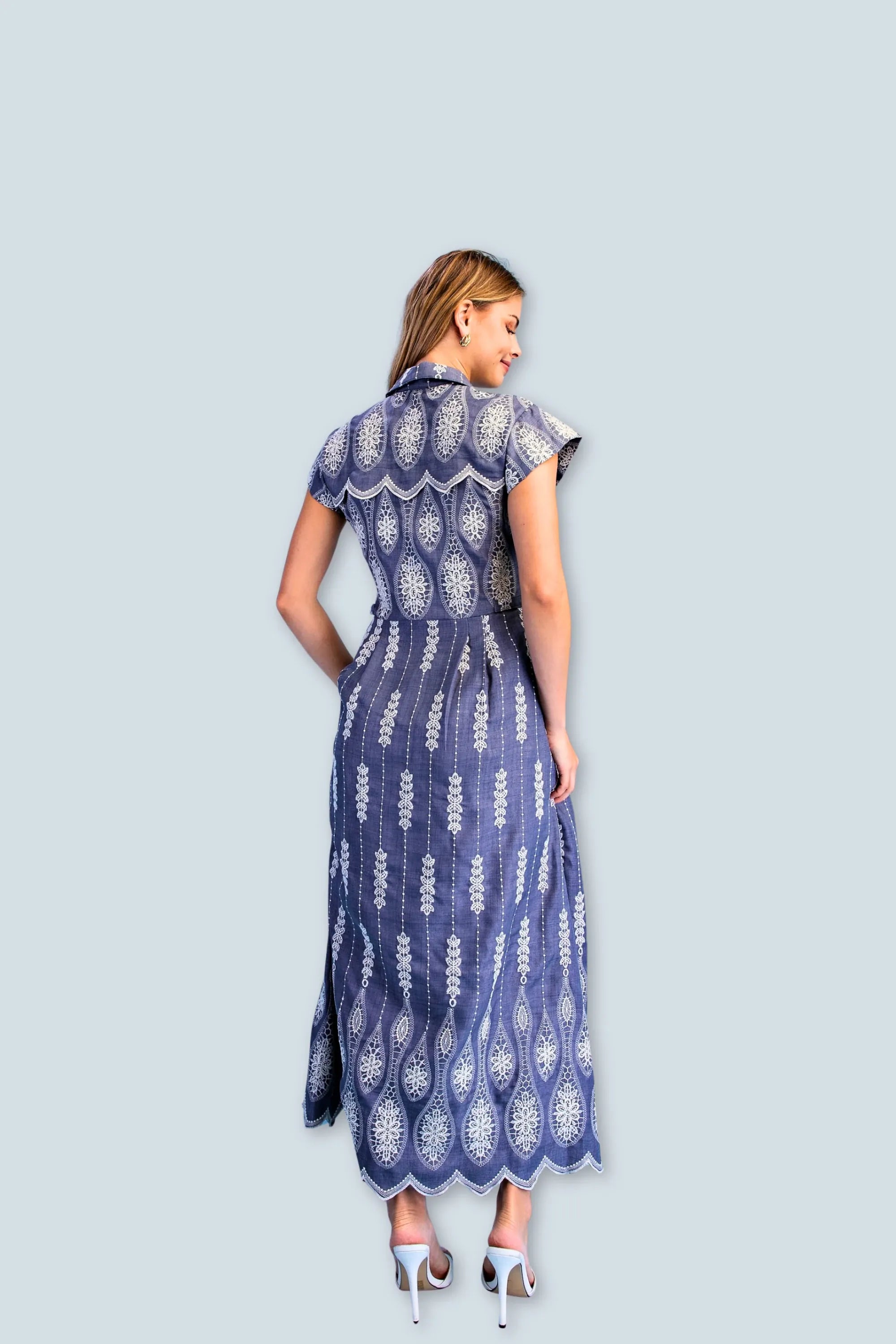 eBoutike Dress Embroidered Zipper Front Maxi Shirt Dress