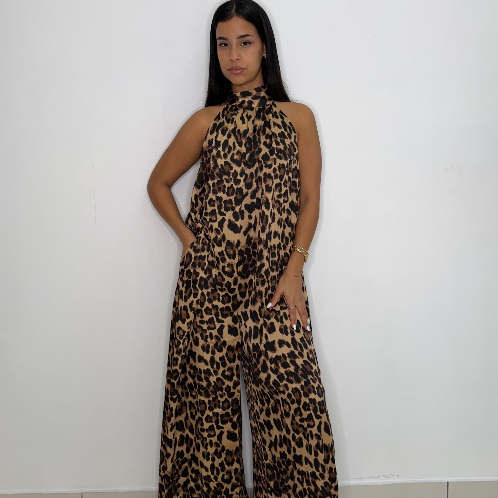 Leopard Mock Neck Satin Jumpsuit