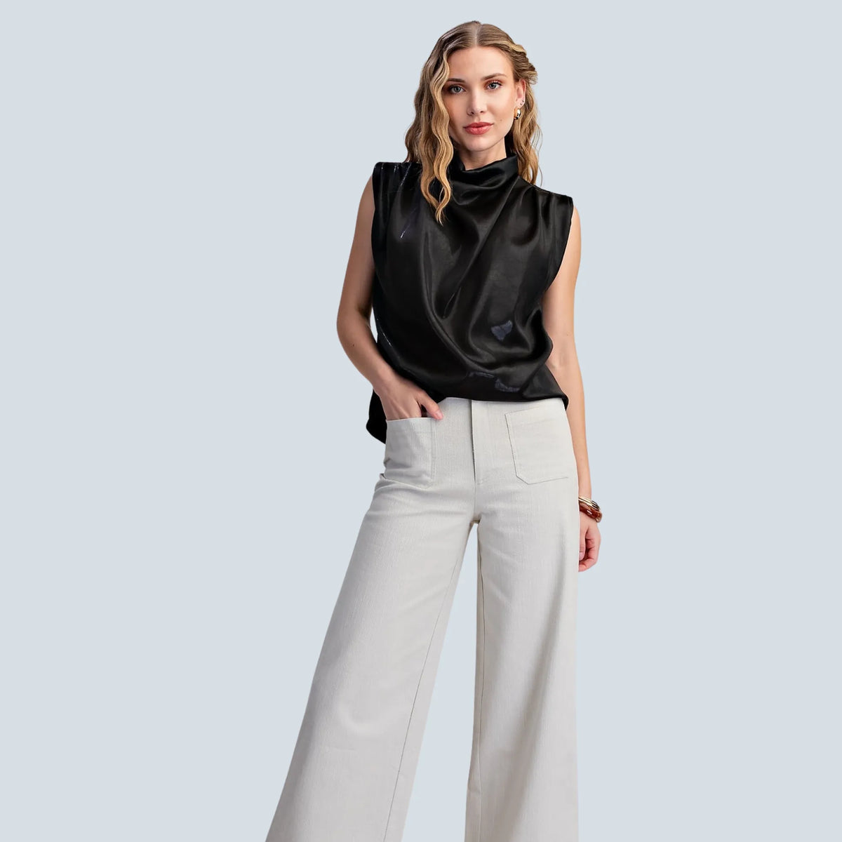 eBoutike Bottom Stretchy Jeans High Rise Front Pocket Wide Leg