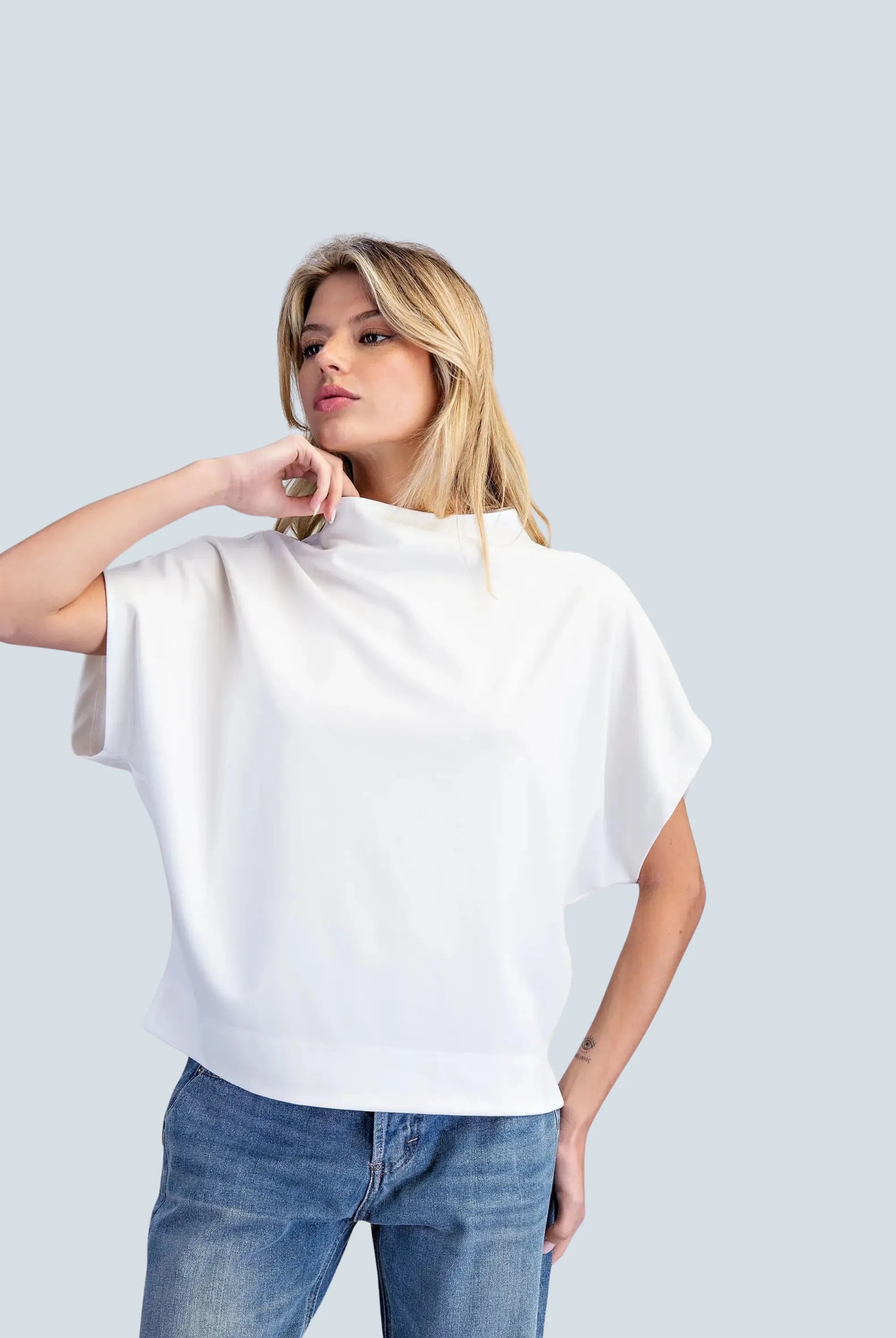 eBoutike Top Solid Mock Neck Short Sleeve Top