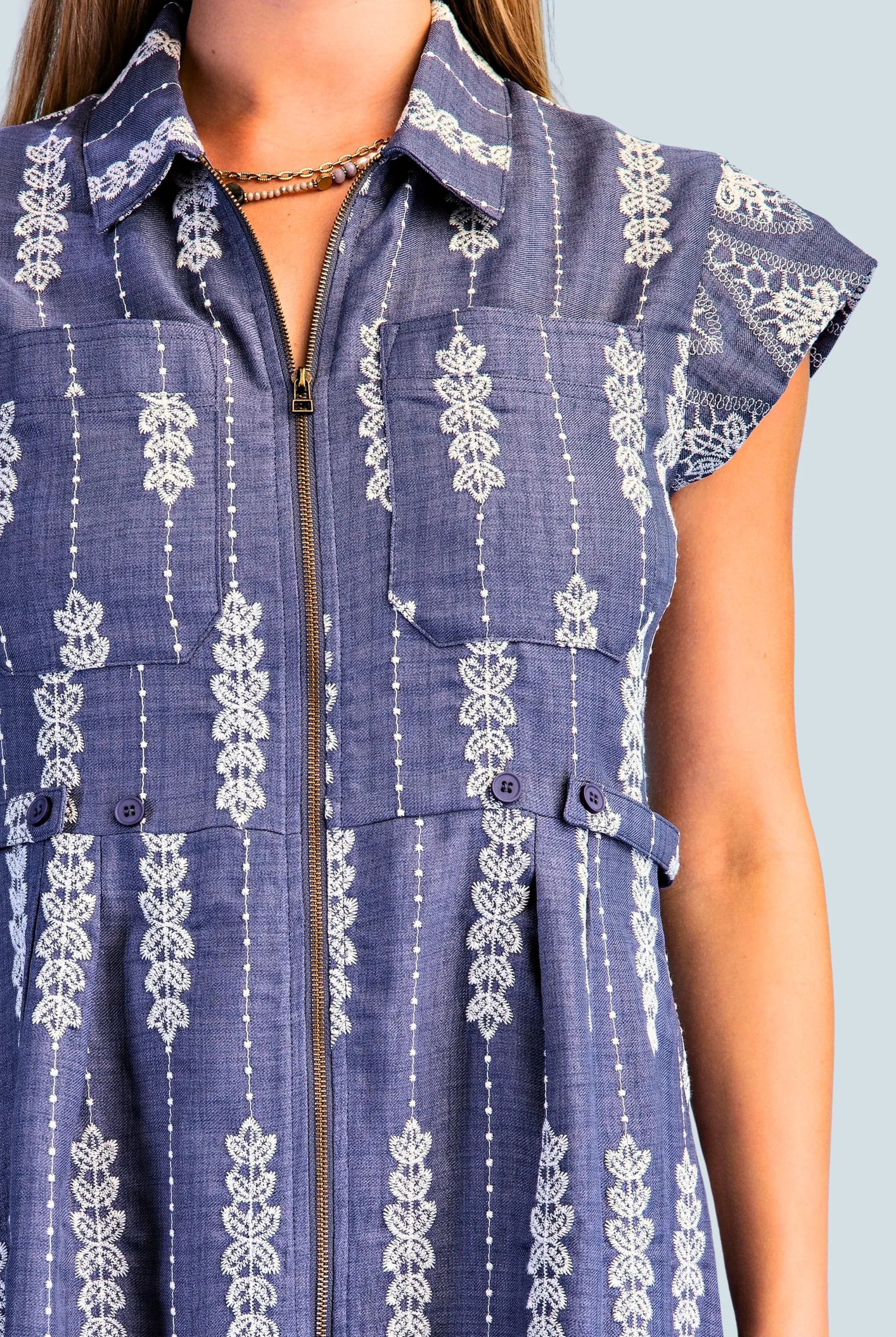 eBoutike Dress Embroidered Zipper Front Maxi Shirt Dress