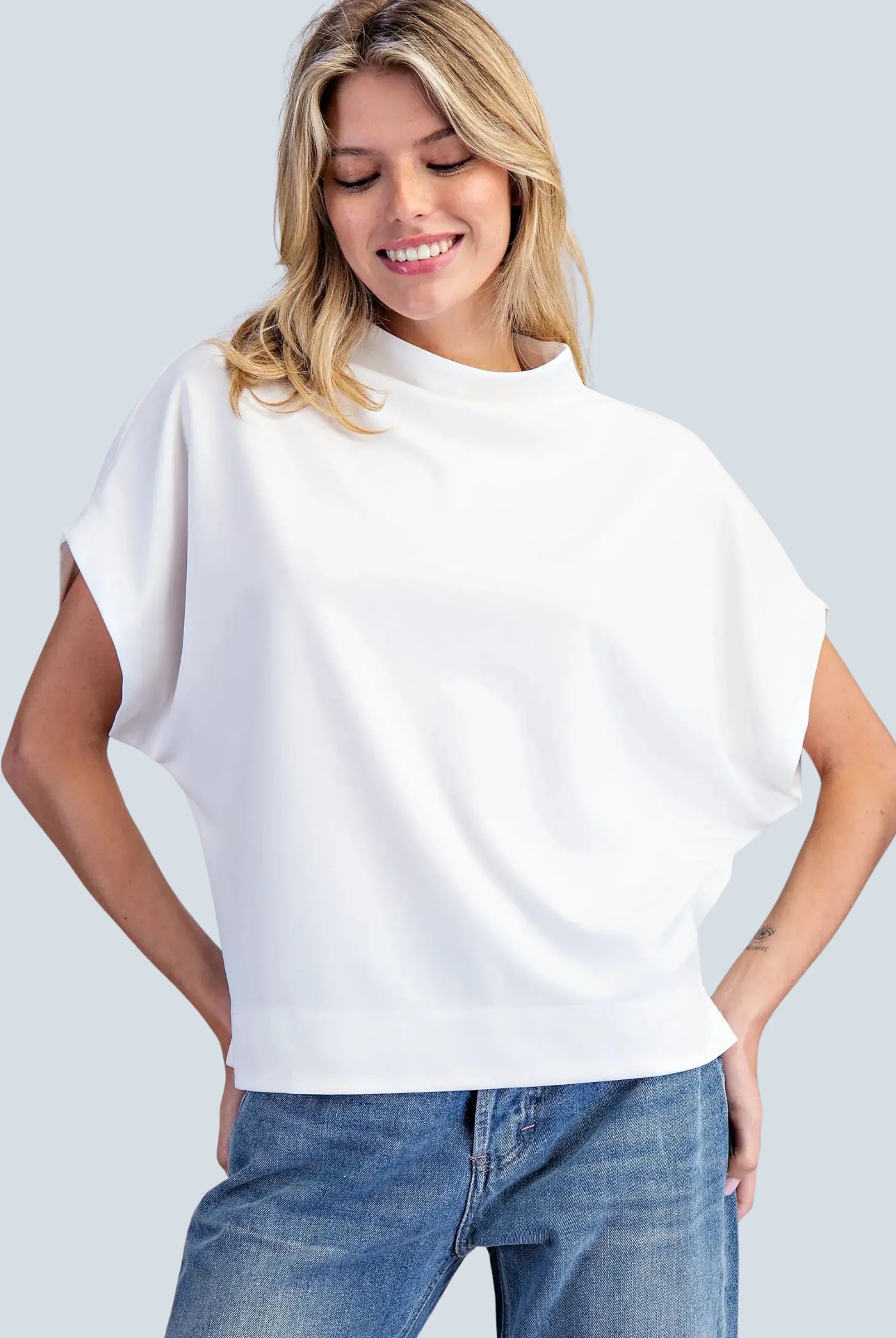 eBoutike Top Solid Mock Neck Short Sleeve Top