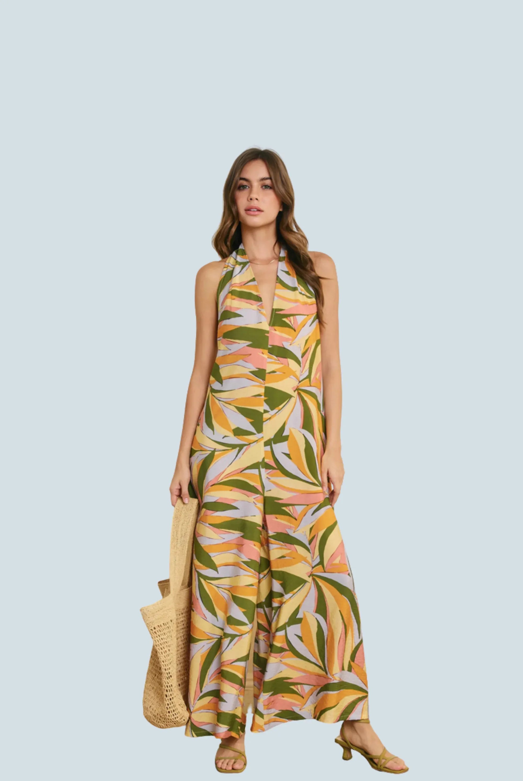 eBoutike Jumpsuit Tropical Open Back Halter Jumpsuit