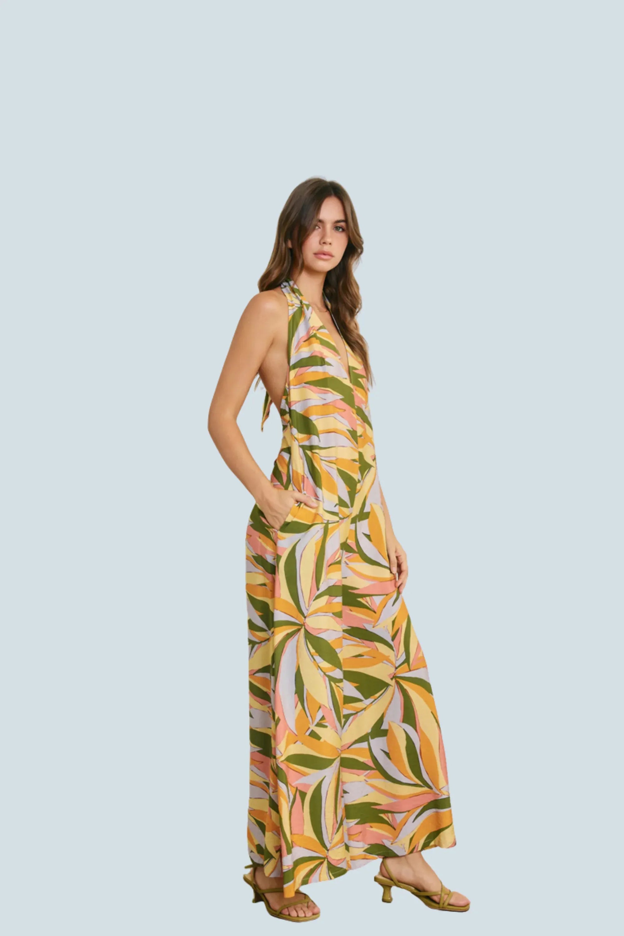 eBoutike Jumpsuit Tropical Open Back Halter Jumpsuit