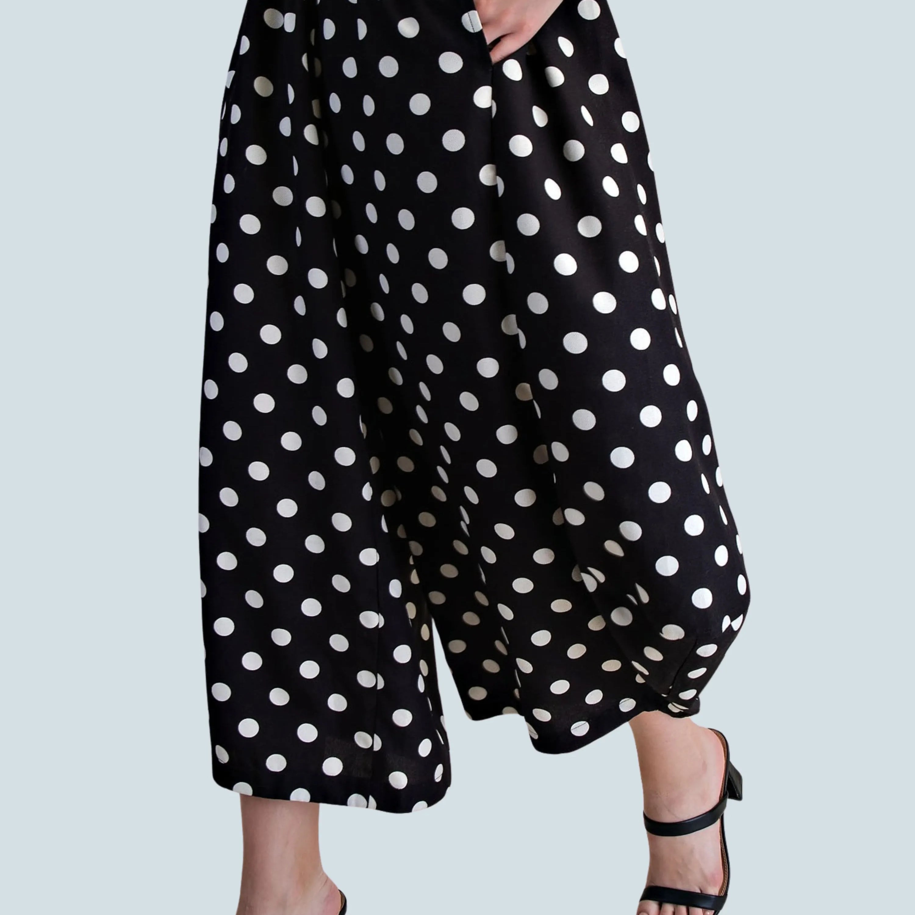 eBoutike Bottom Mid-Rise Volume Leg Elastic Band Polka Dot Pants