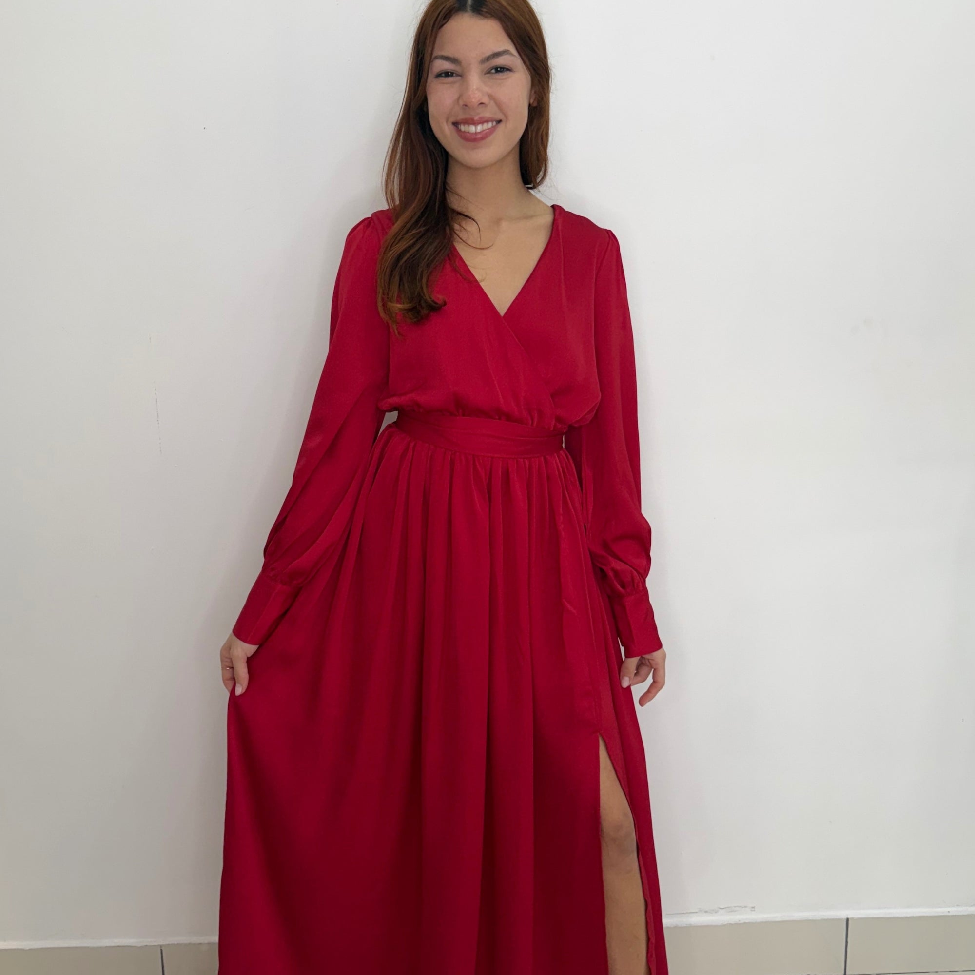 V Neck Satin Puff Sleeves Maxi Dress