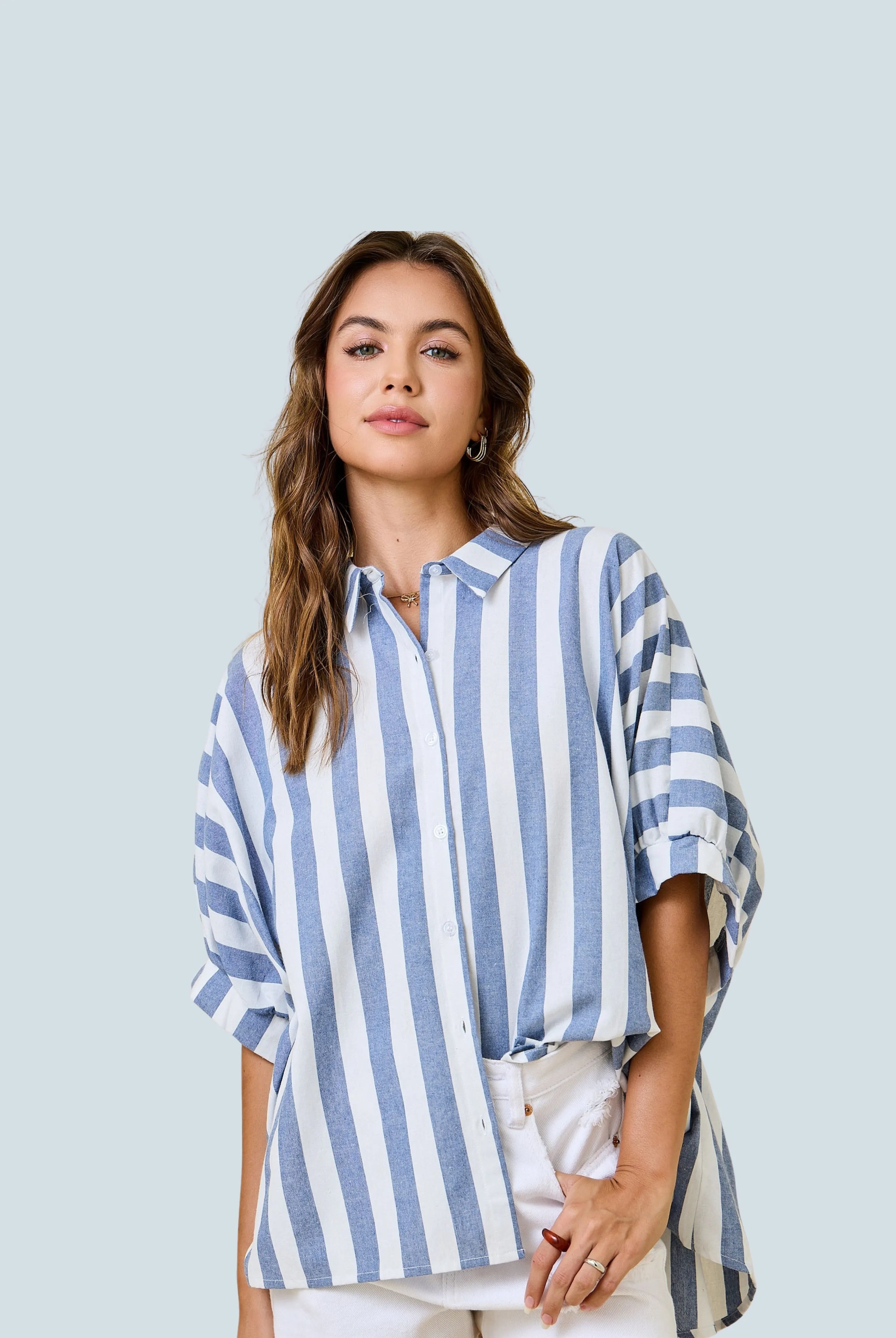 eBoutike Top Stripe Button Down Oversized Shirt