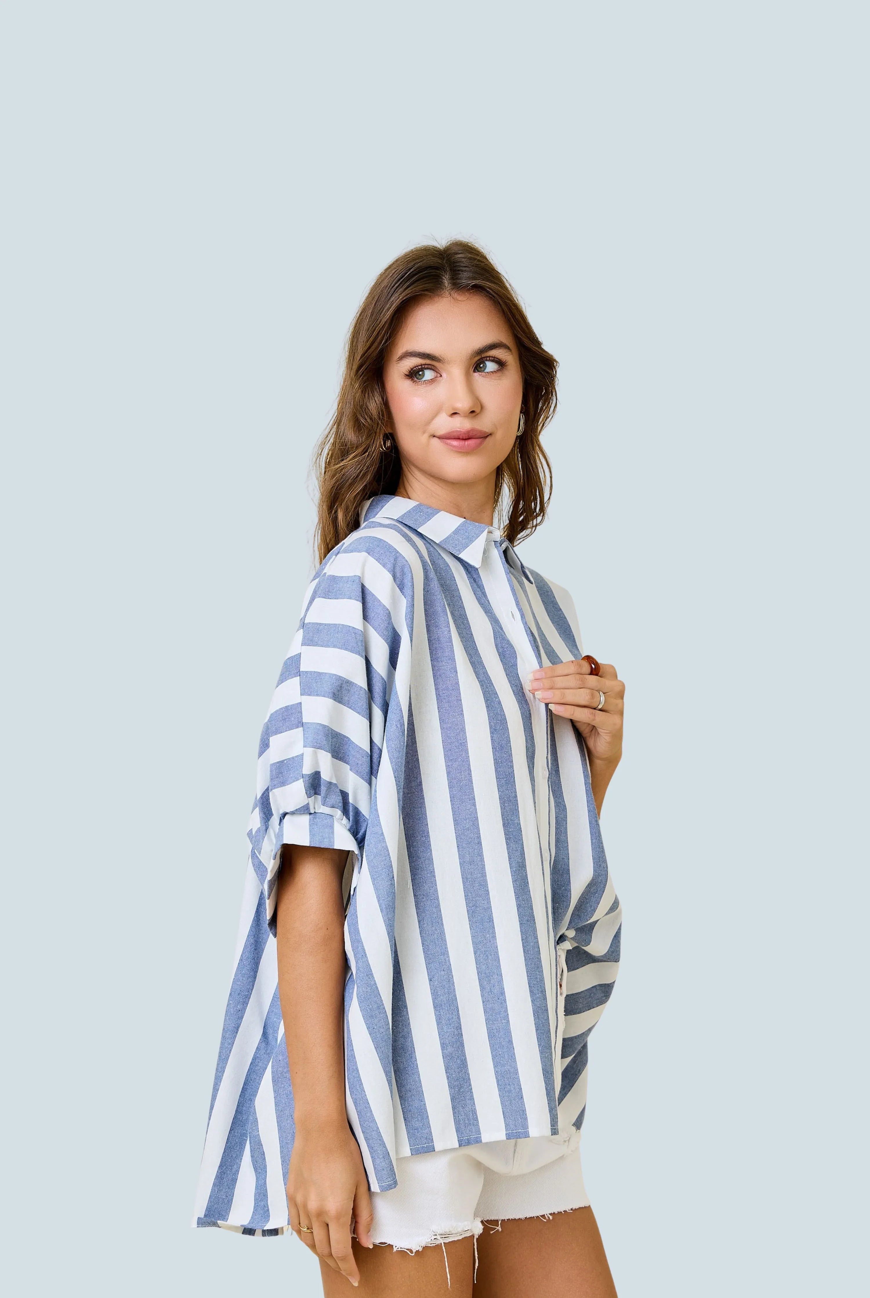 eBoutike Top Stripe Button Down Oversized Shirt