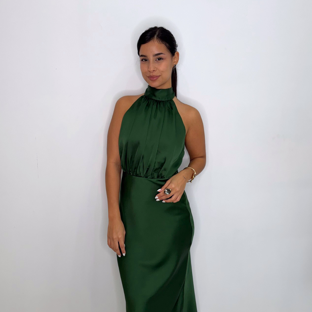 Mock Neck Satin Midi Dress