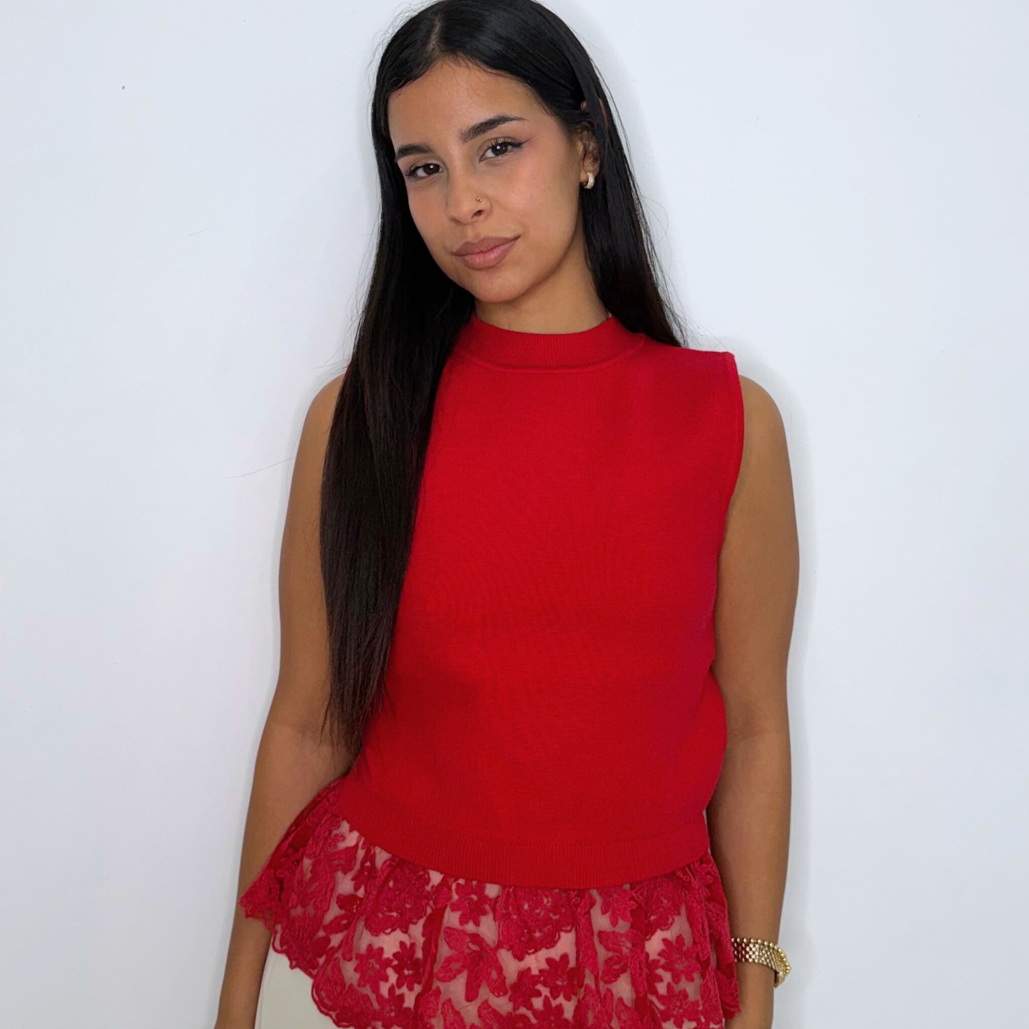 Lace Contrast Mock Neck Knit Top