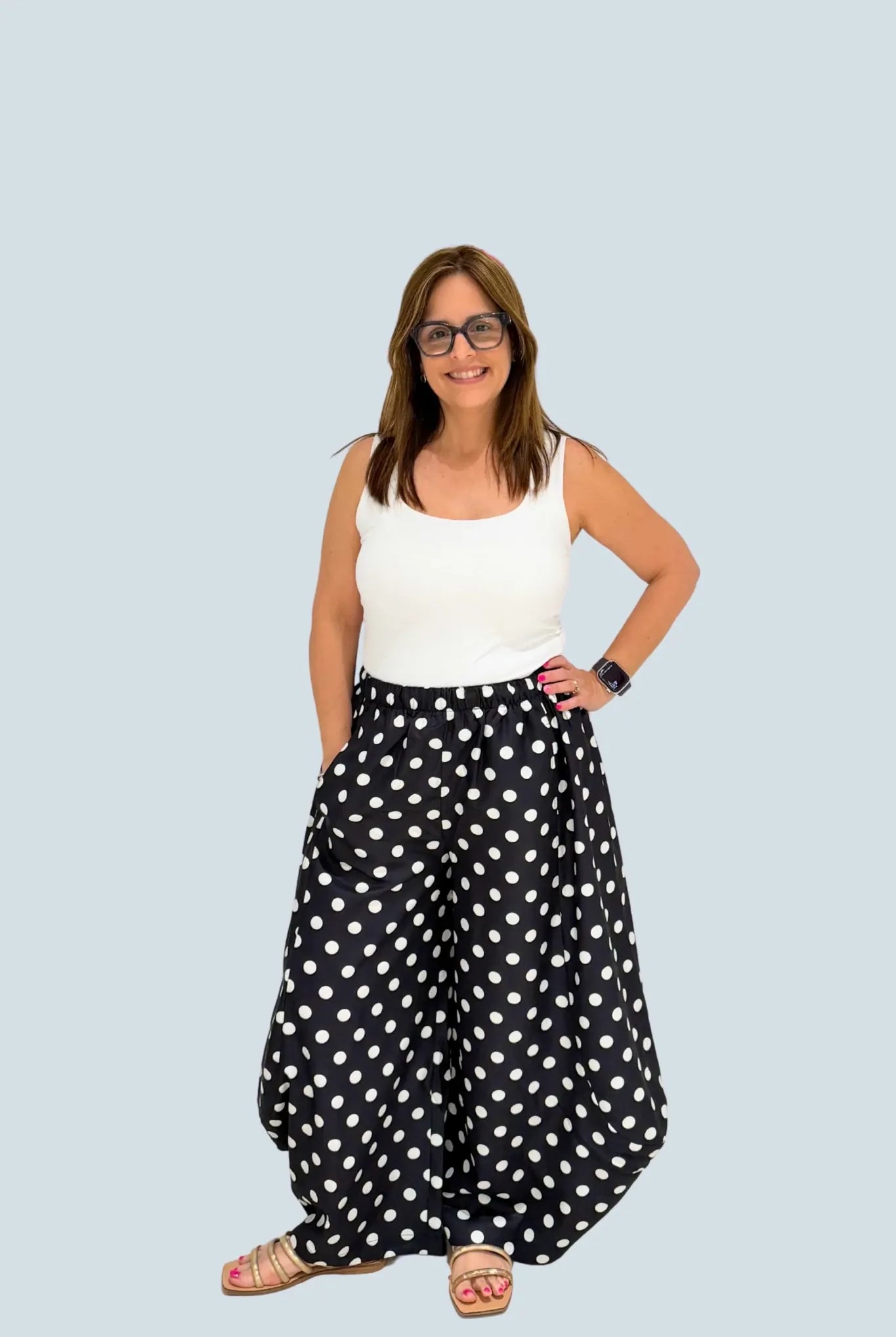 eBoutike Bottom Mid-Rise Volume Leg Elastic Band Polka Dot Pants
