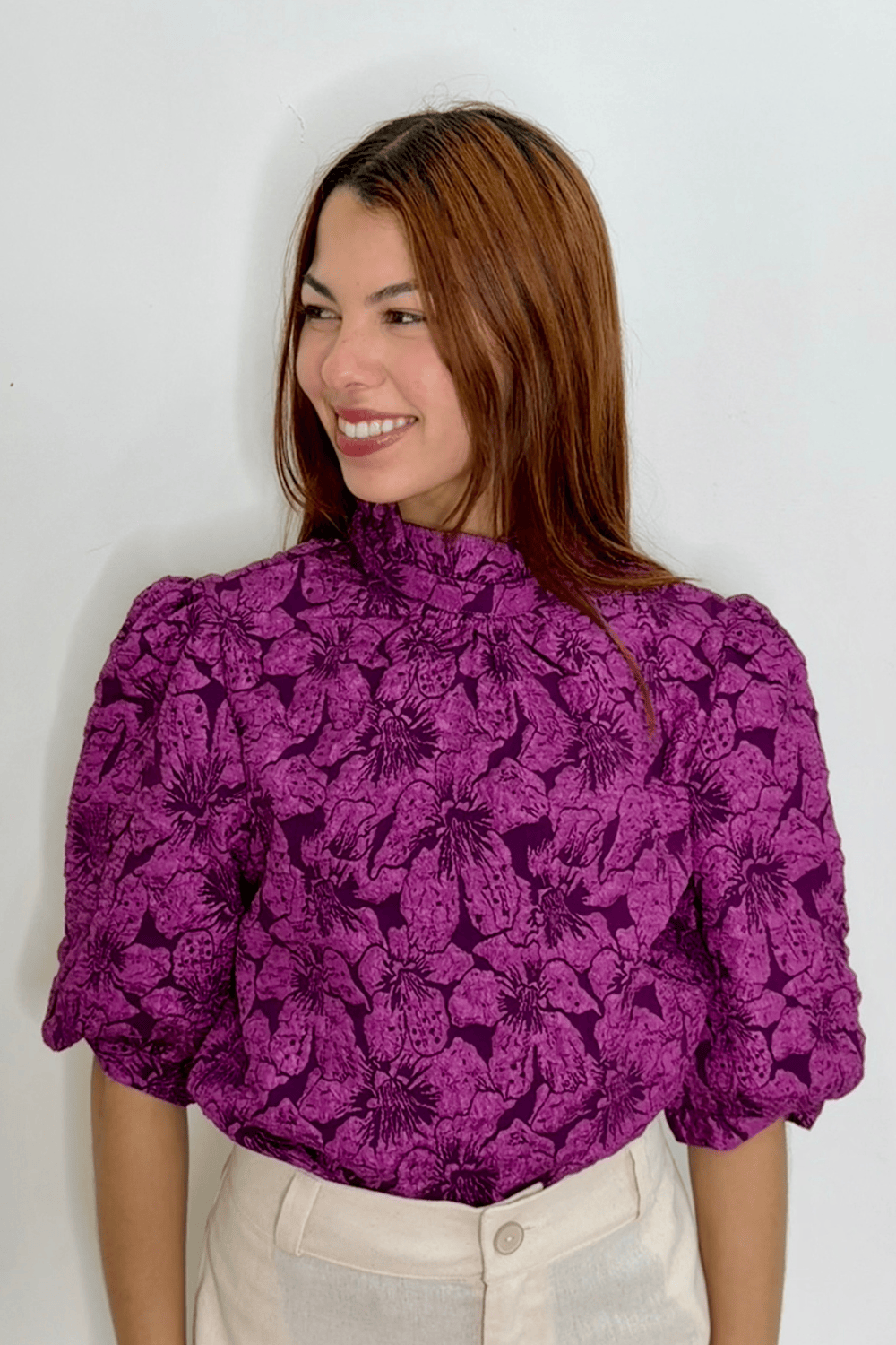eBoutike Top High Collar Ballon Sleeve Top