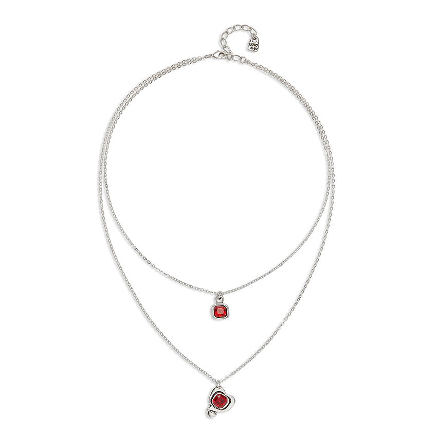 UNOde50 Necklace Sterling silver-plated pendant with double chain and hearts with red crystal