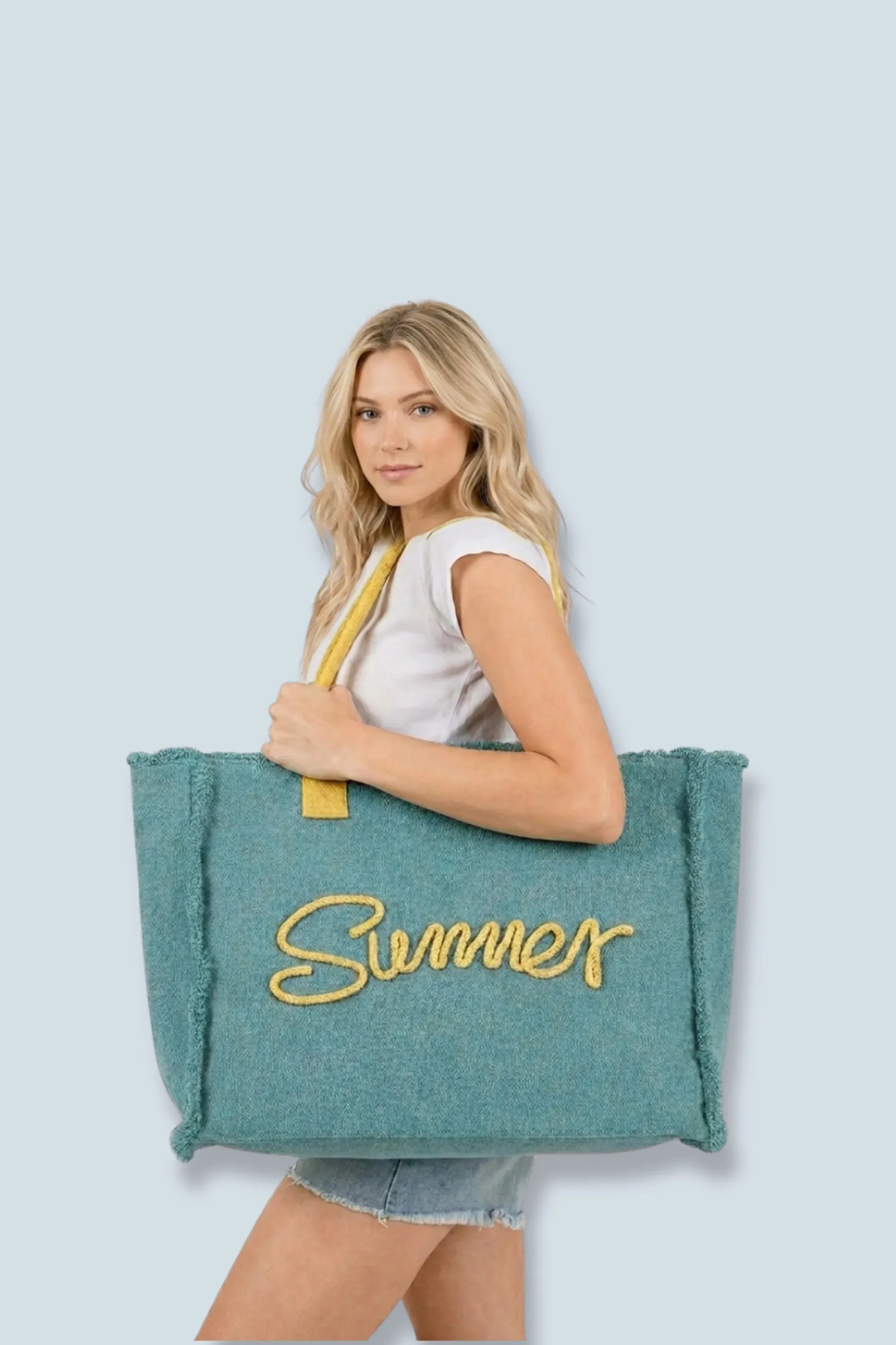 eBoutike Handbag SUMMER Message Embroidered Fringe Canvas Tote Beach Bag