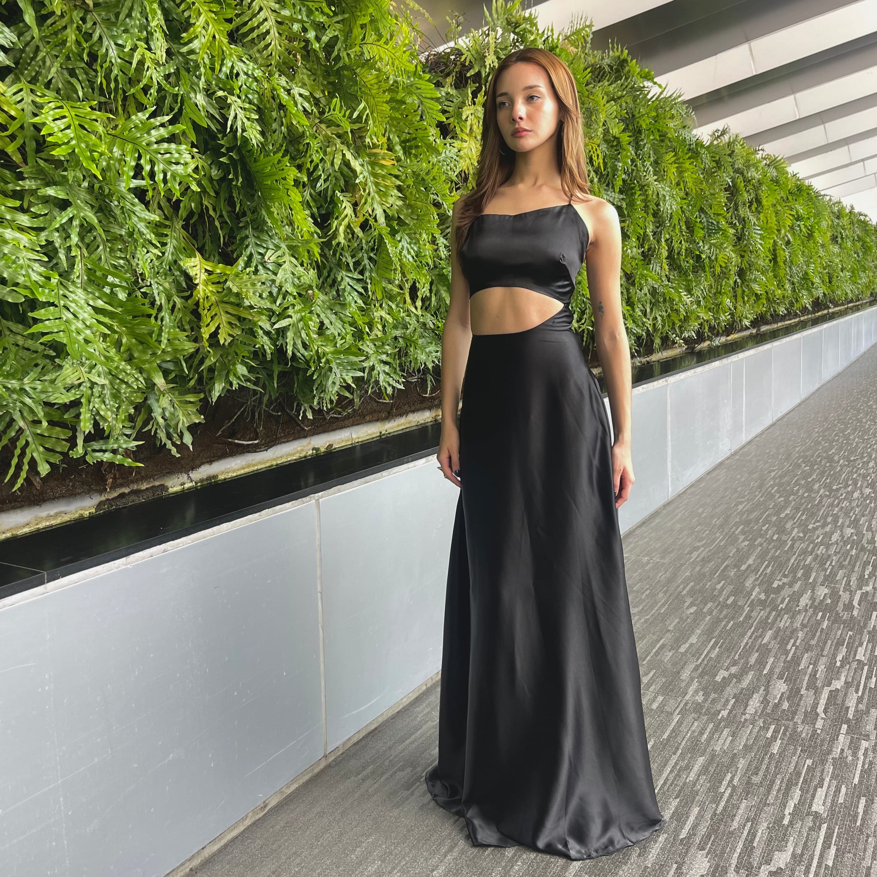 eBoutike Bottom Long Satin Cutout Waist Dress