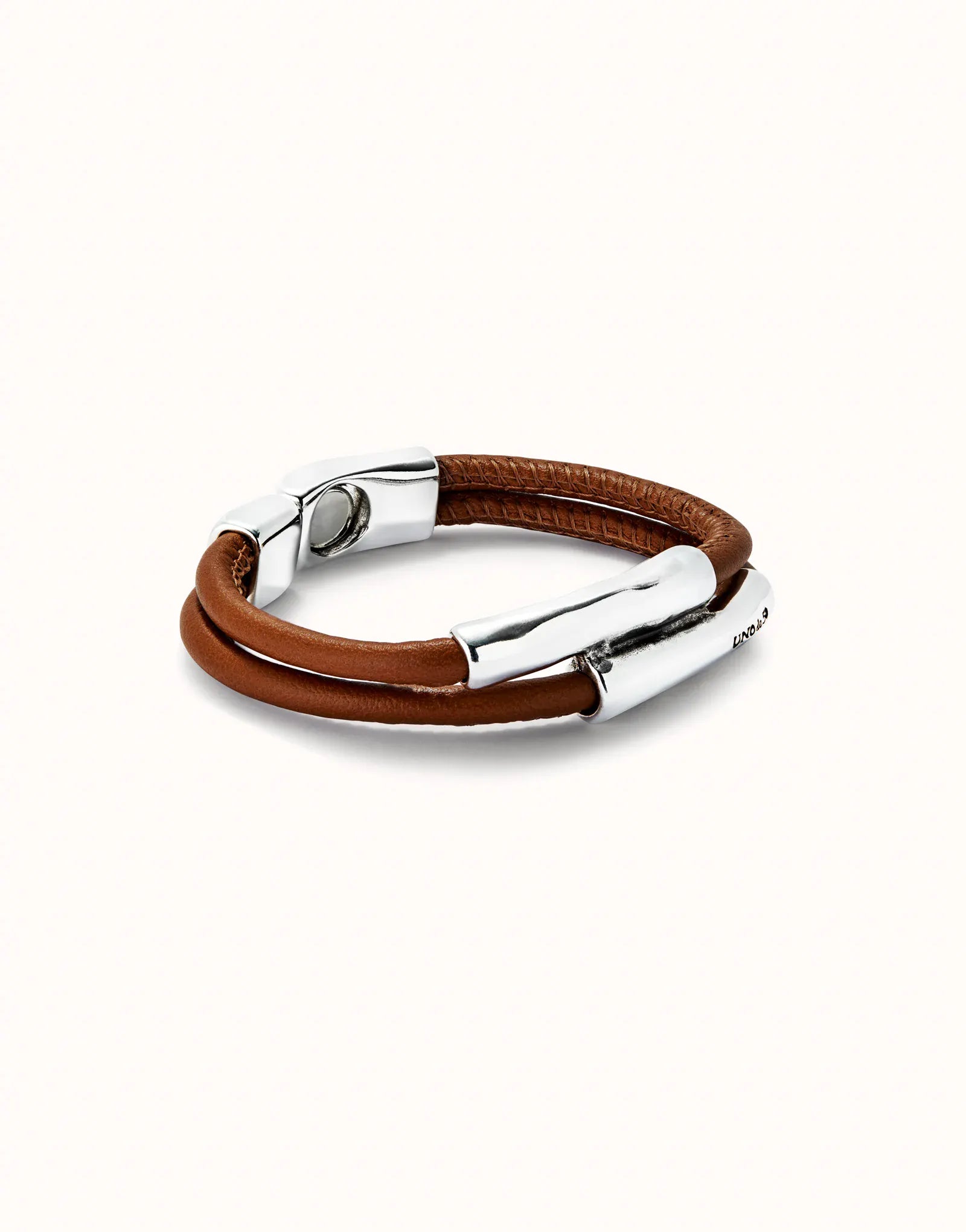 UNOde50 Bracelet Double camel leather sterling silver-plated bracelet with two tubes