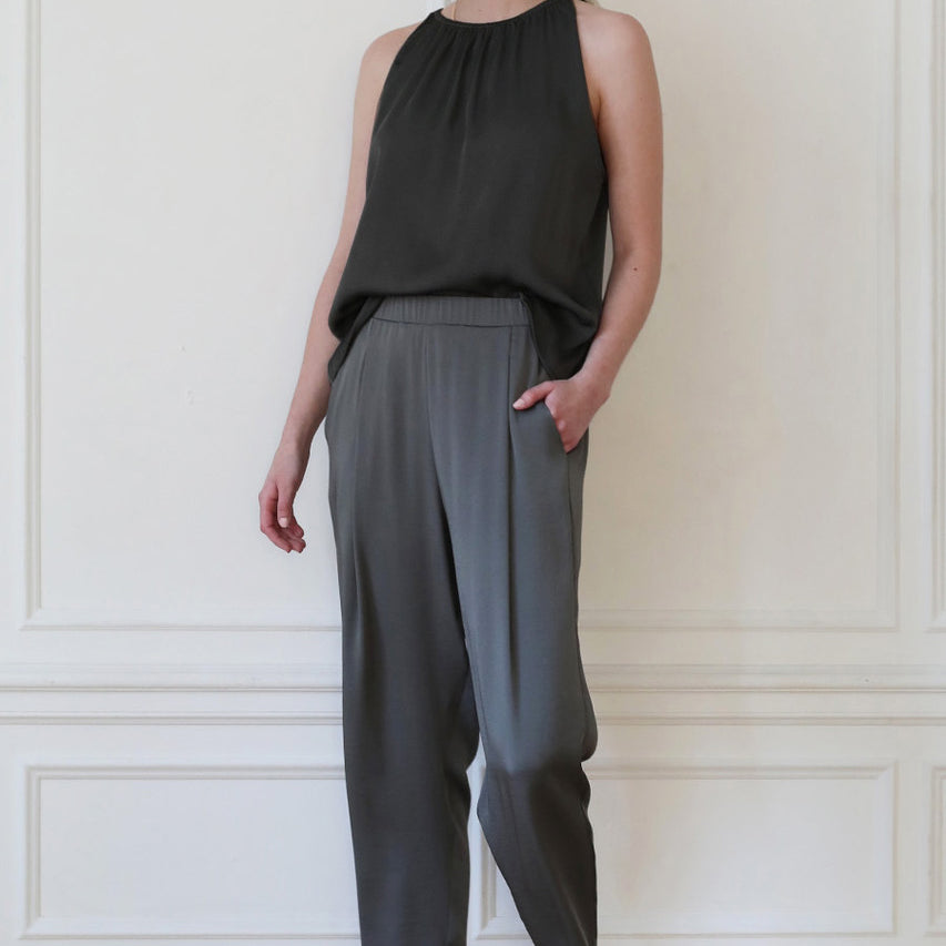 Washed Ply Silk Elastic High Neck Tank Top