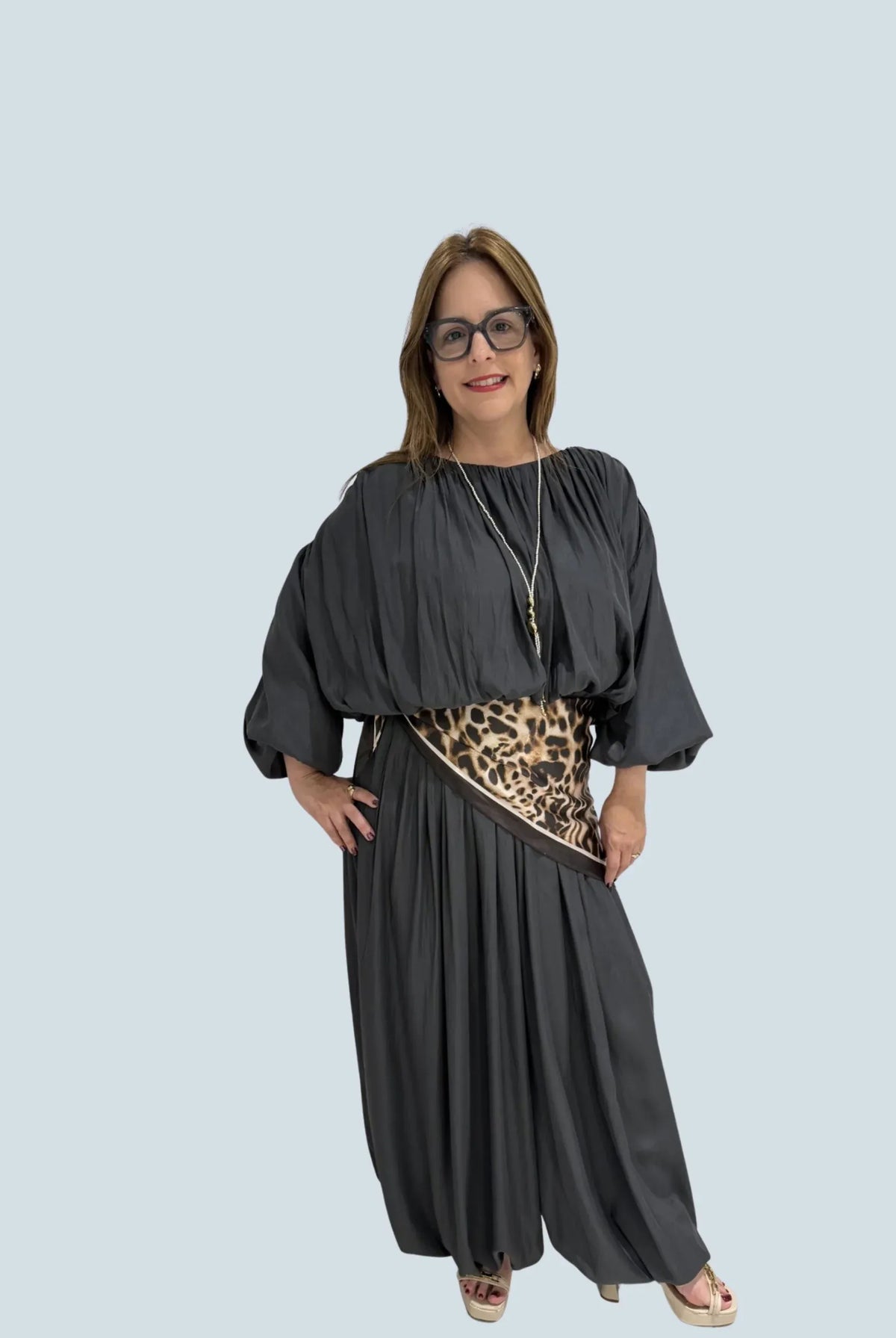 eBoutike Jumpsuit Leopard Scarf Detail Balloon-leg Jumpsuit S / Deep Forest