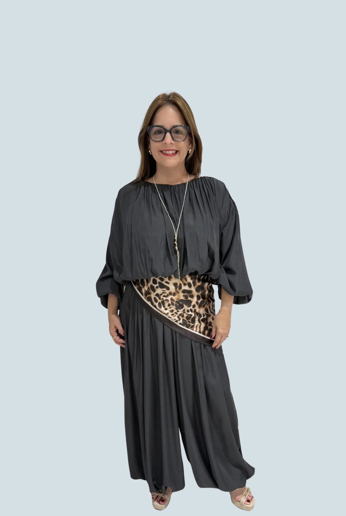 eBoutike Jumpsuit Leopard Scarf Detail Balloon-leg Jumpsuit