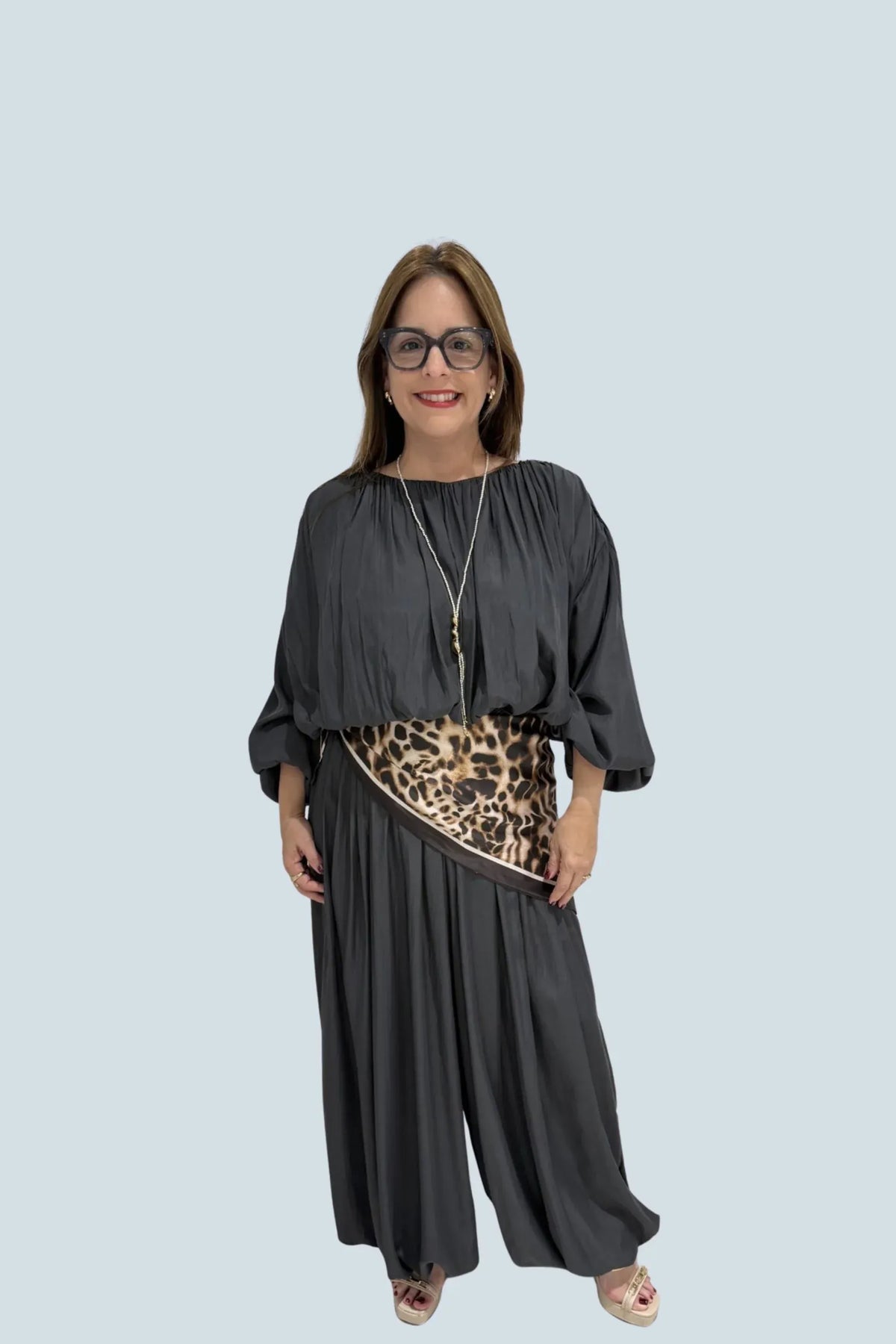 eBoutike Jumpsuit Leopard Scarf Detail Balloon-leg Jumpsuit