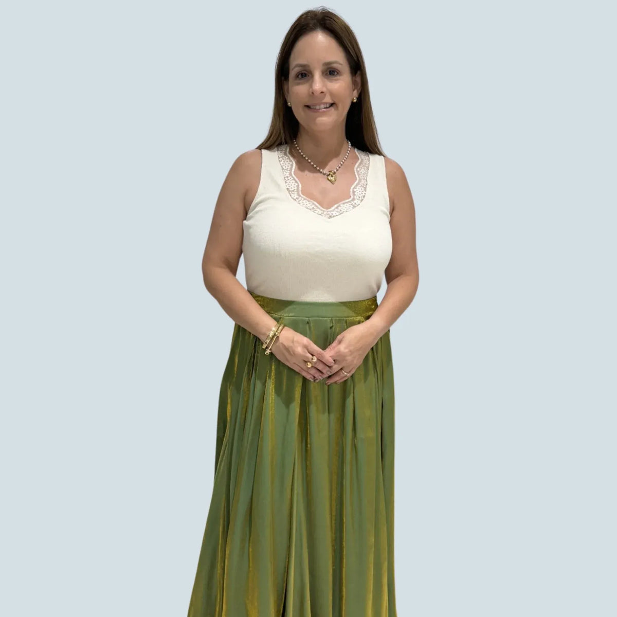 eBoutike Bottom Pleated Shimmering Midi Skirt Olive / S