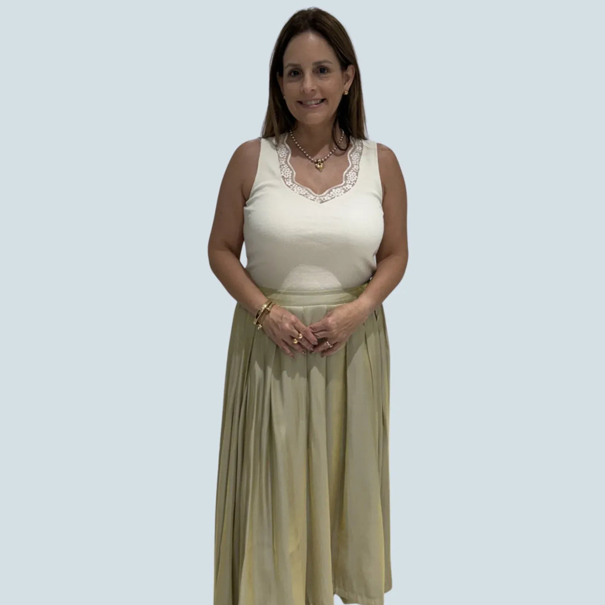 eBoutike Bottom Pleated Shimmering Midi Skirt Taupe / S