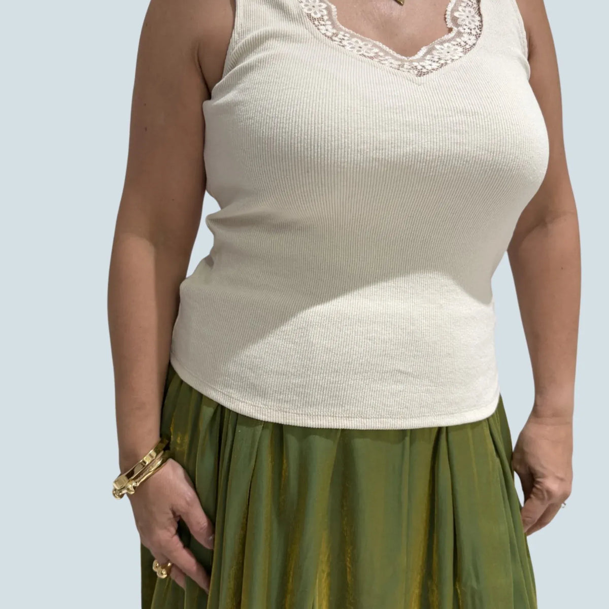 eBoutike Top Sleeveless Lace Trim Tank Top Ivory / S