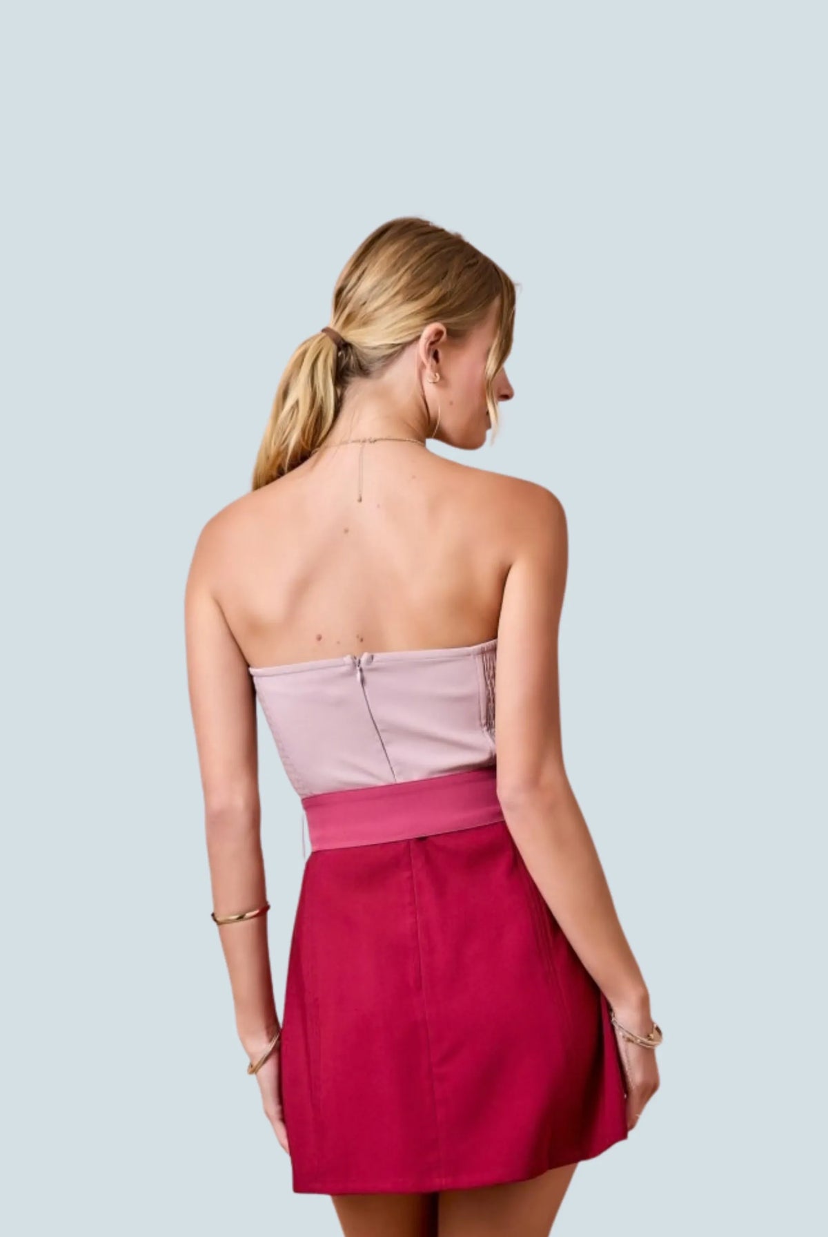 eBoutike Dress Strapless Crepe Color Block Detail Dress With Belt