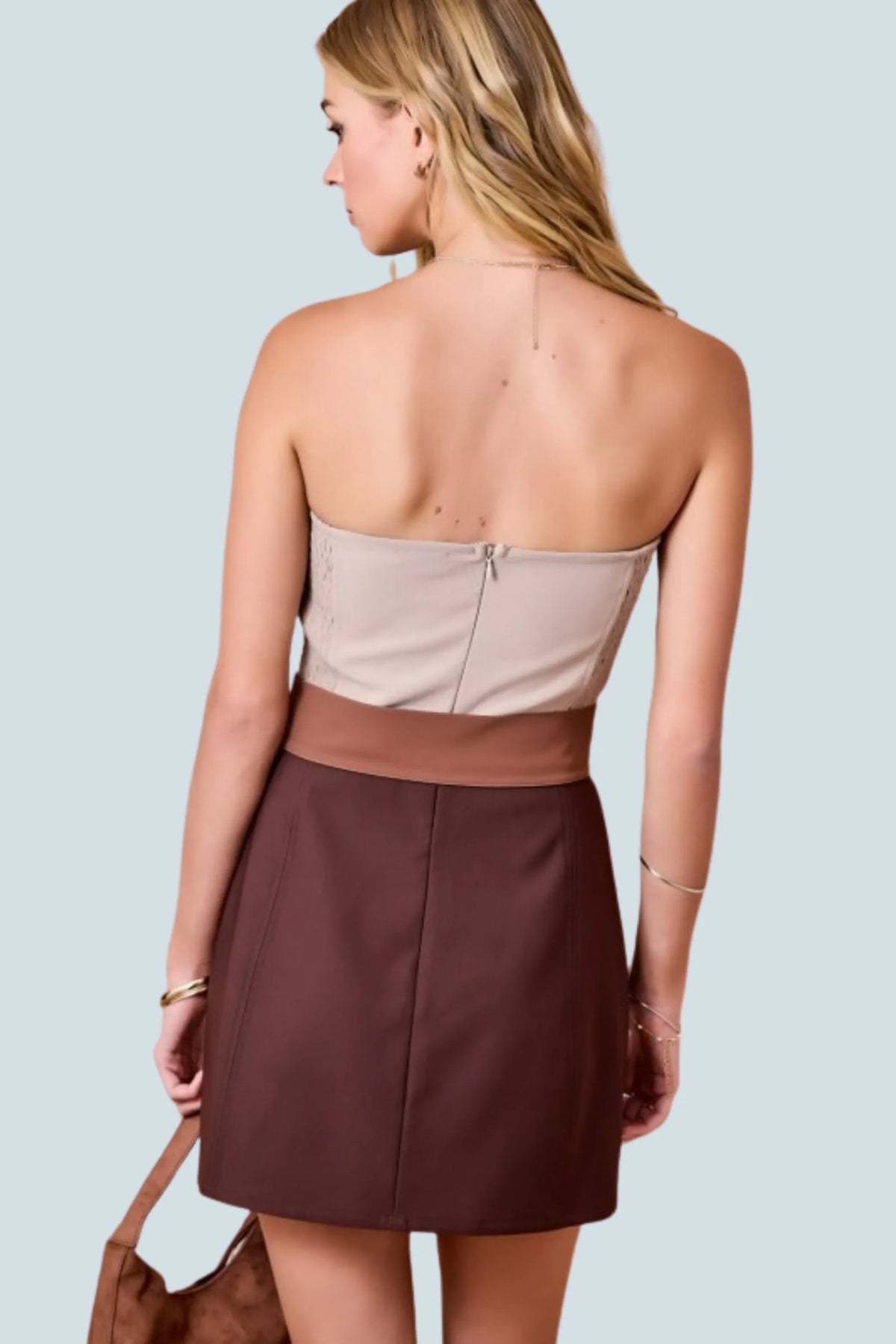 eBoutike Dress Strapless Crepe Color Block Detail Dress With Belt