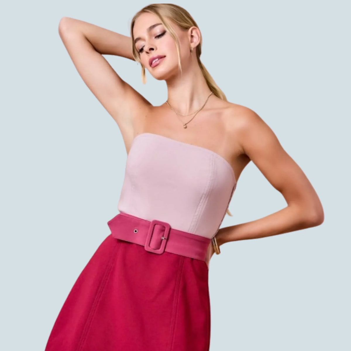 eBoutike Dress Strapless Crepe Color Block Detail Dress With Belt