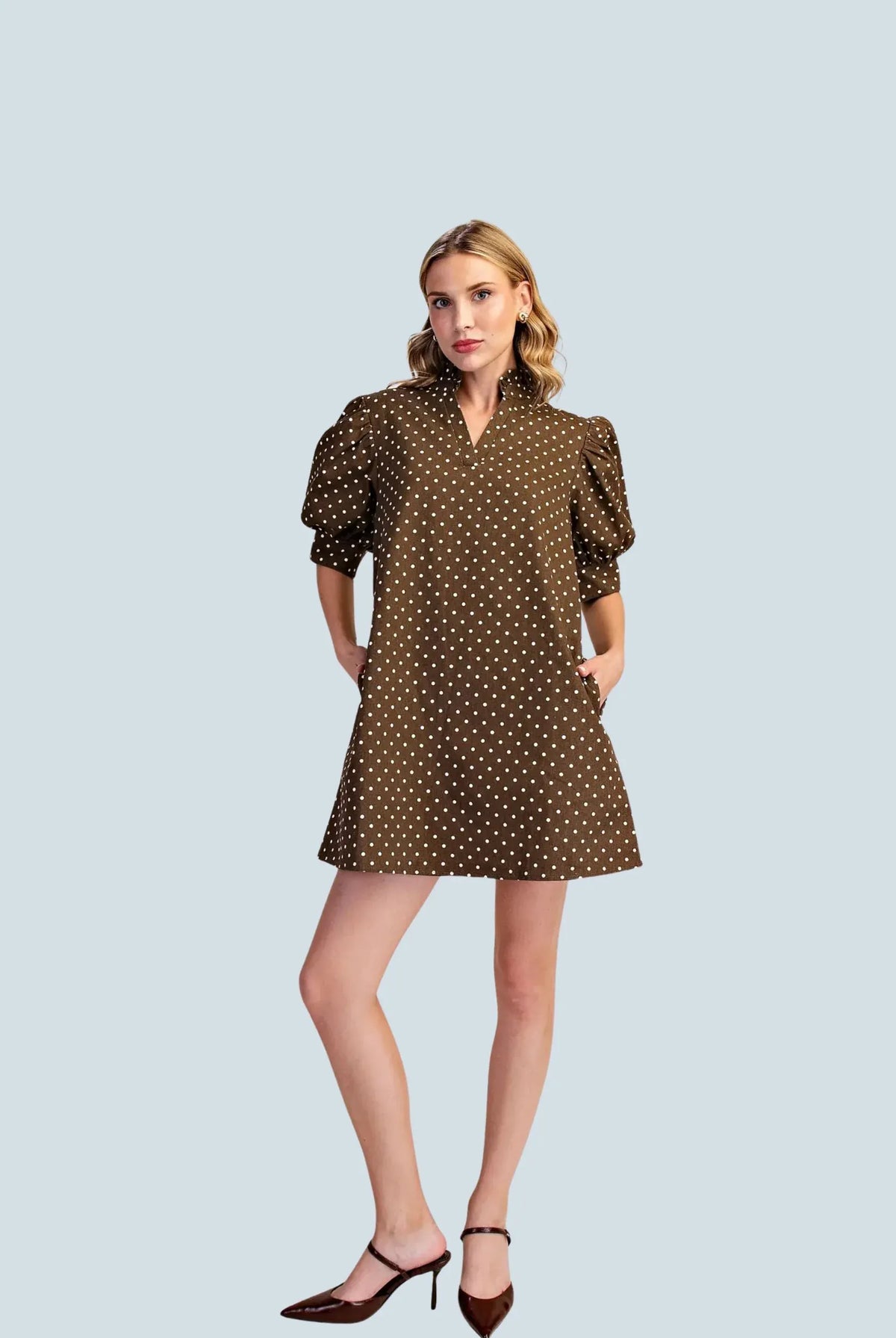 eBoutike Dress Ruffle V-Neck Puff Sleeve Polka Dot Mini Dress