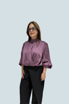 eBoutike Top Satin High-neck Draped Wrap Blouse